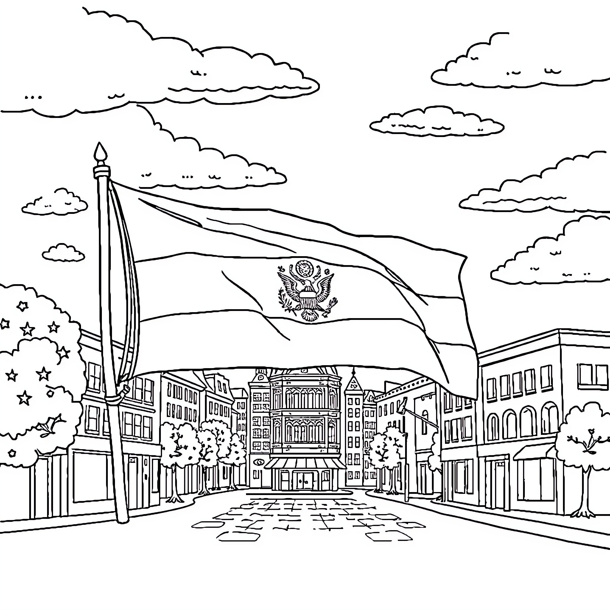 USA Flag waving in historic city street Coloring Page (free black-and-white line drawing printable PDF for all, from beginners to advanced learners, including children, teens, adults, and seniors)
