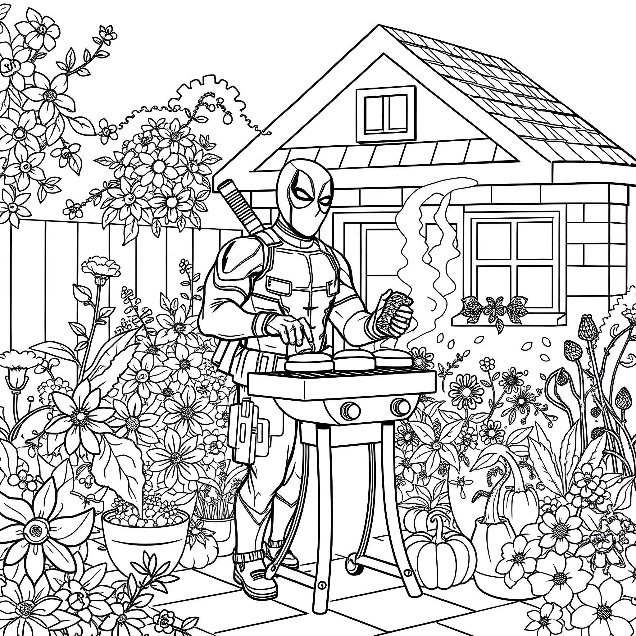 Deadpool cooking in a flower-filled garden Coloring Page (free black-and-white line drawing printable PDF for all, from beginners to advanced learners, including children, teens, adults, and seniors)