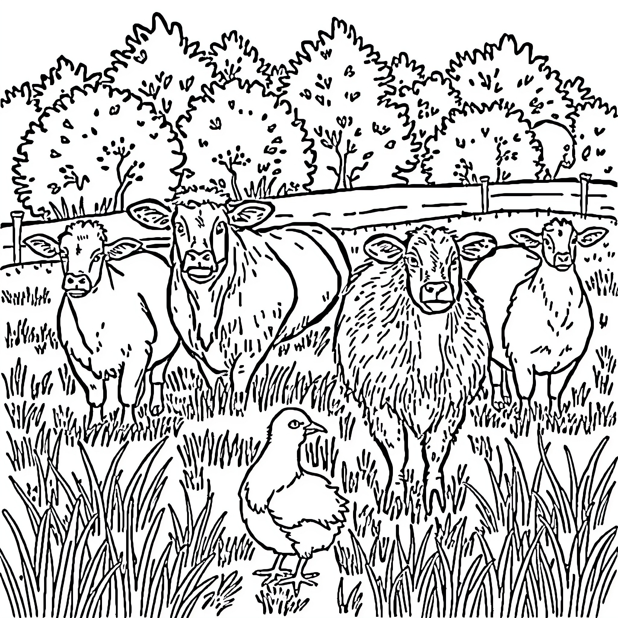 Farm Animal Herd Grazing in Pastoral Field Coloring Page (free black-and-white line drawing printable PDF for all, from beginners to advanced learners, including children, teens, adults, and seniors)