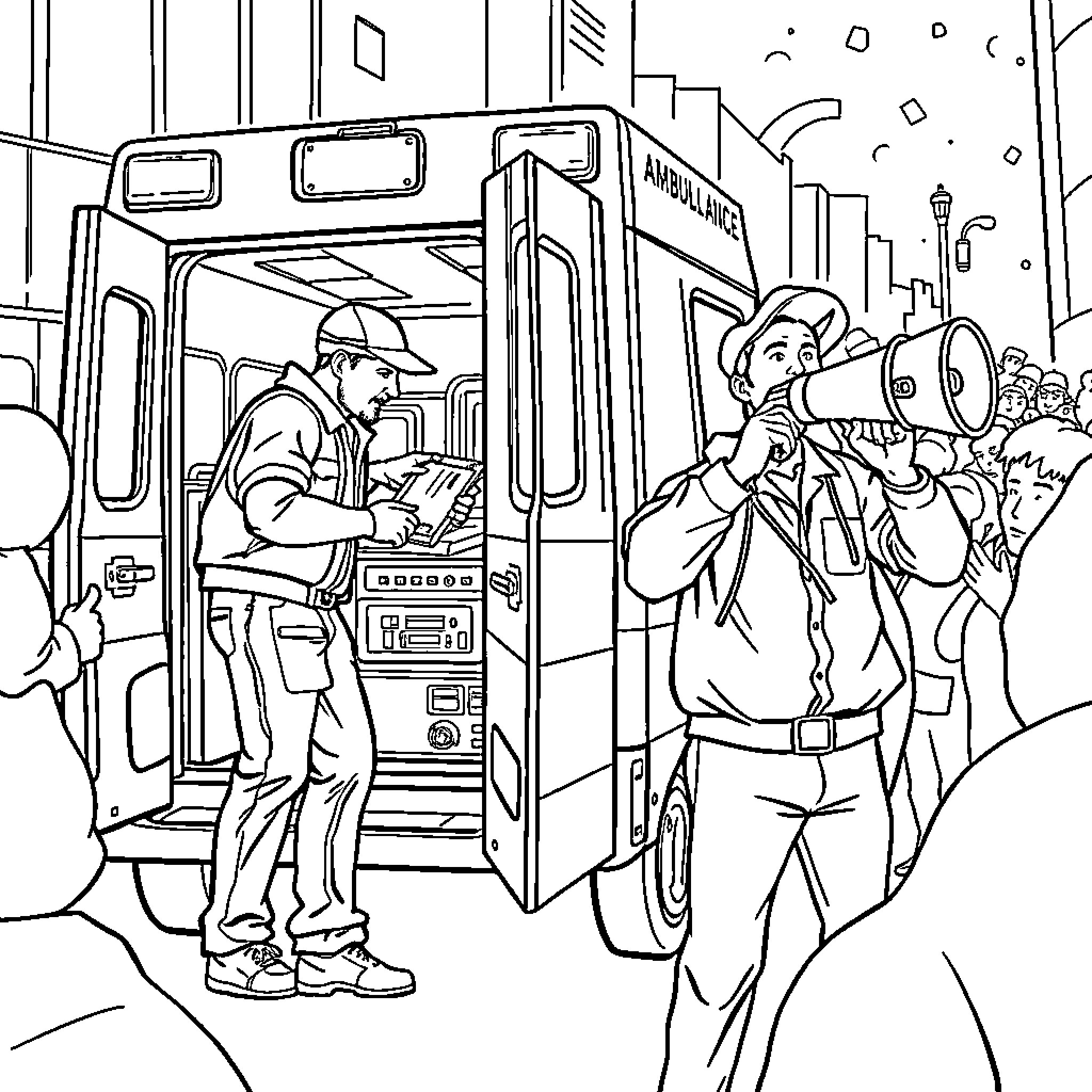 Man working on ambulance while others watch Coloring Page (free black-and-white line drawing printable PDF for all, from beginners to advanced learners, including children, teens, adults, and seniors)