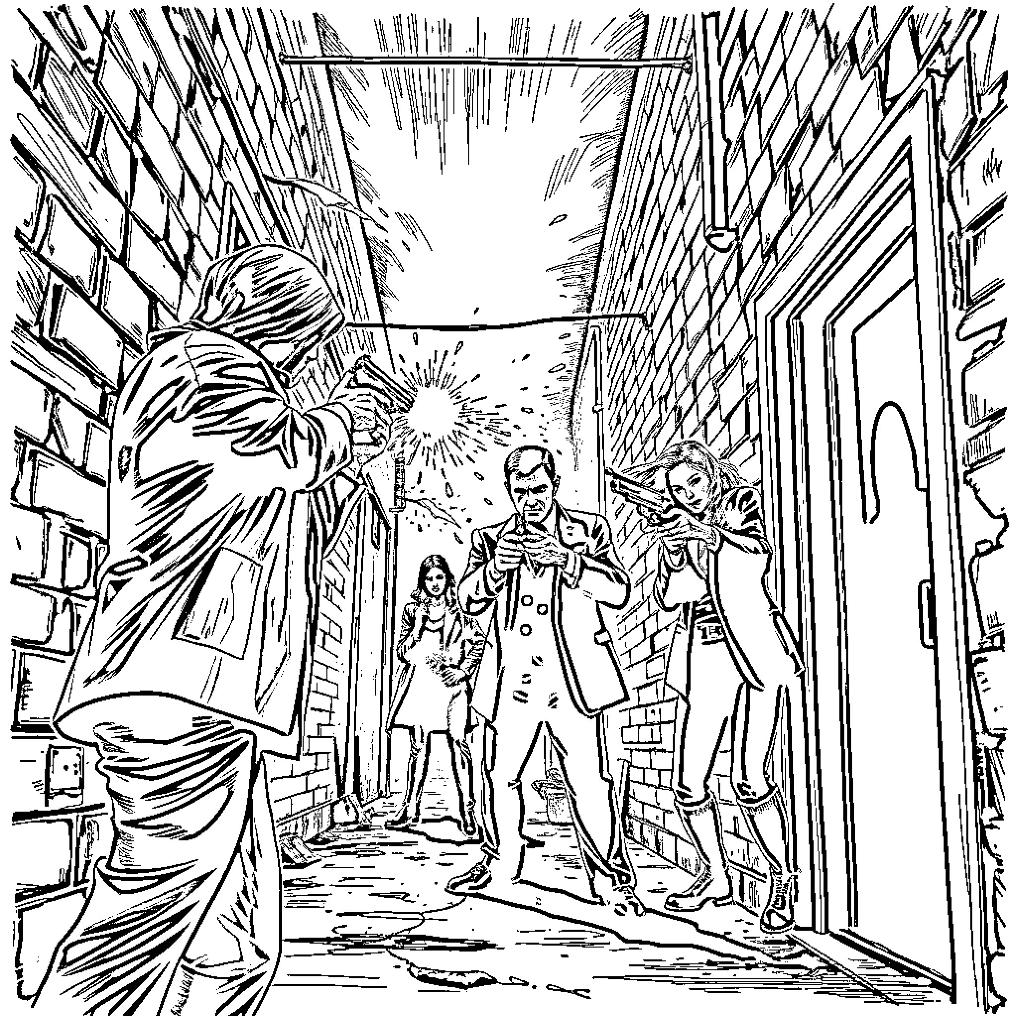 Scarface: Dramatic Confrontation in the Alley Coloring Page (free black-and-white line drawing printable PDF for all, from beginners to advanced learners, including children, teens, adults, and seniors)