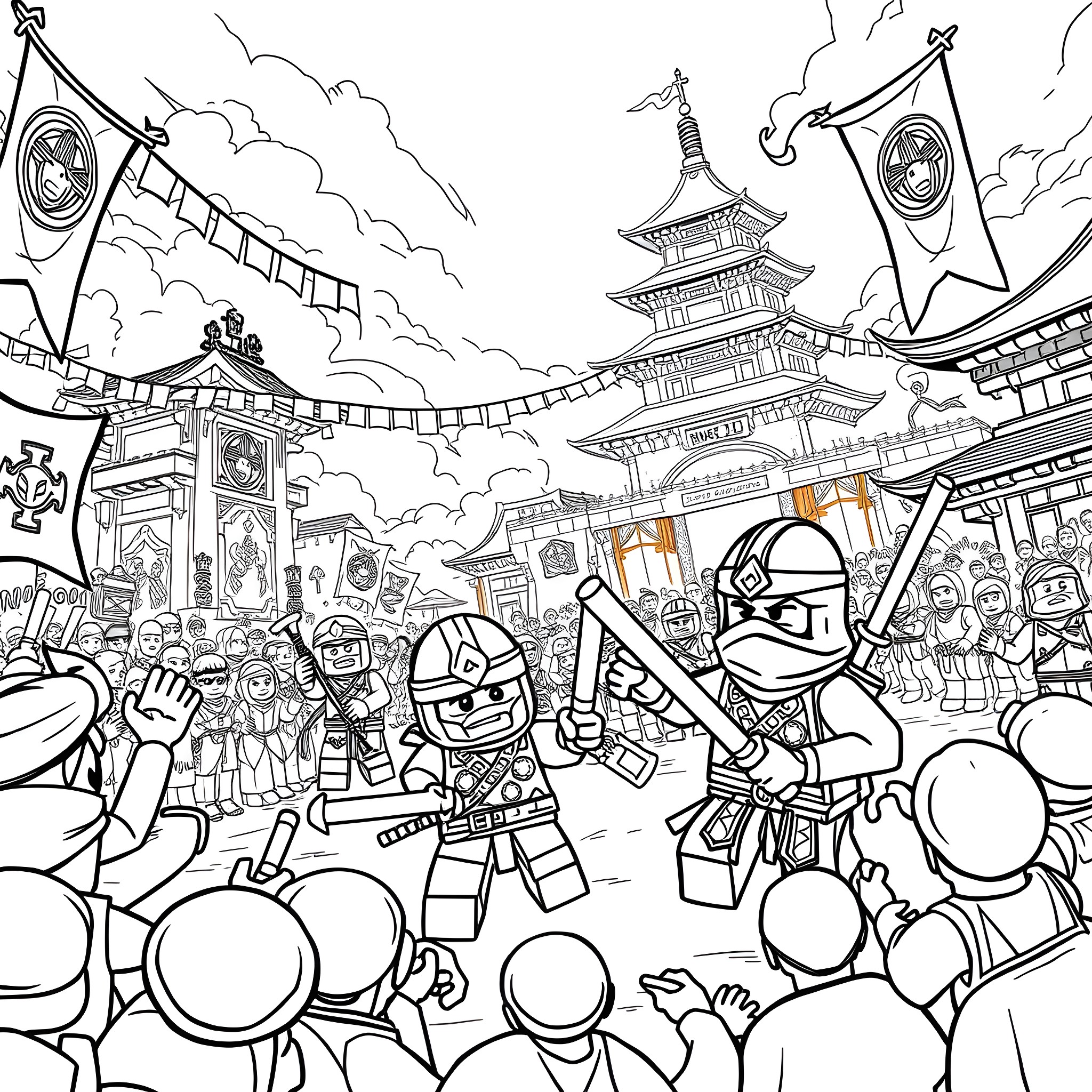 Ninjago characters in action-packed ninja scene Coloring Page (free black-and-white line drawing printable PDF for all, from beginners to advanced learners, including children, teens, adults, and seniors)