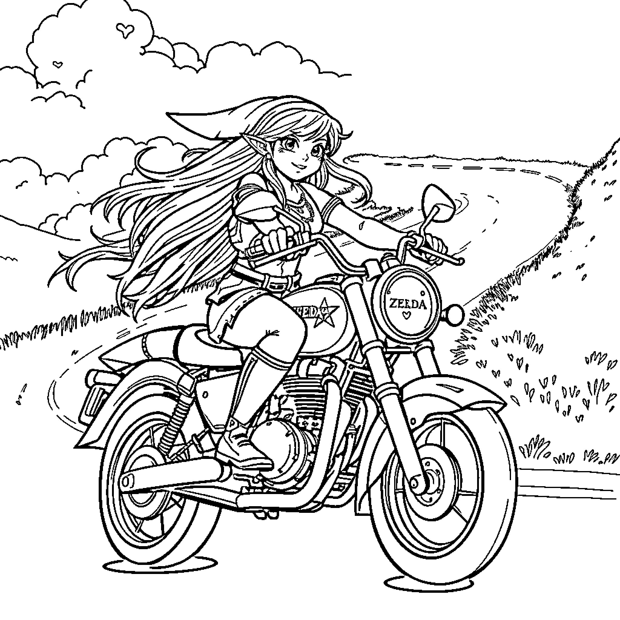 Zelda riding motorcycle through the countryside Coloring Page (free black-and-white line drawing printable PDF for all, from beginners to advanced learners, including children, teens, adults, and seniors)