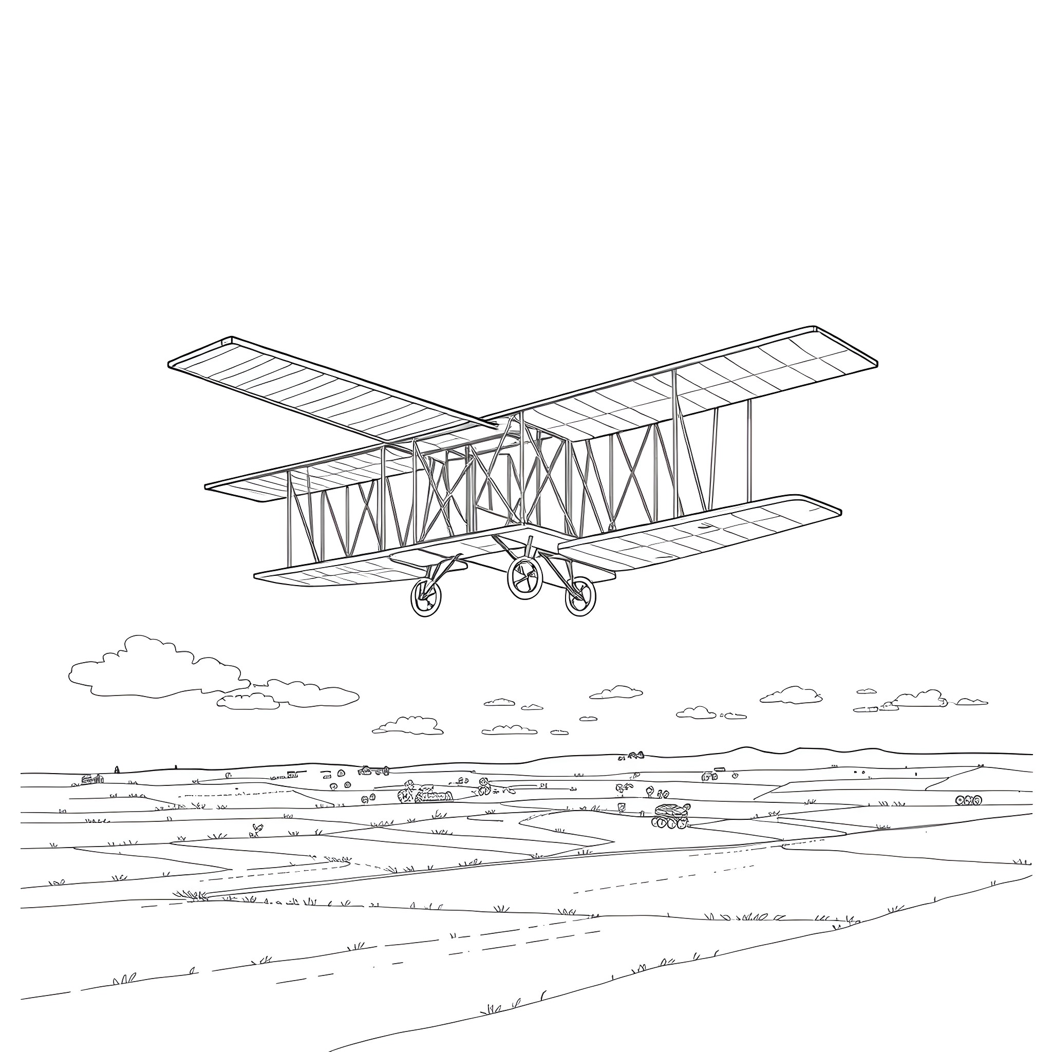 Wright Flyer aircraft soaring over scenic landscape Coloring Page (free black-and-white line drawing printable PDF for all, from beginners to advanced learners, including children, teens, adults, and seniors)