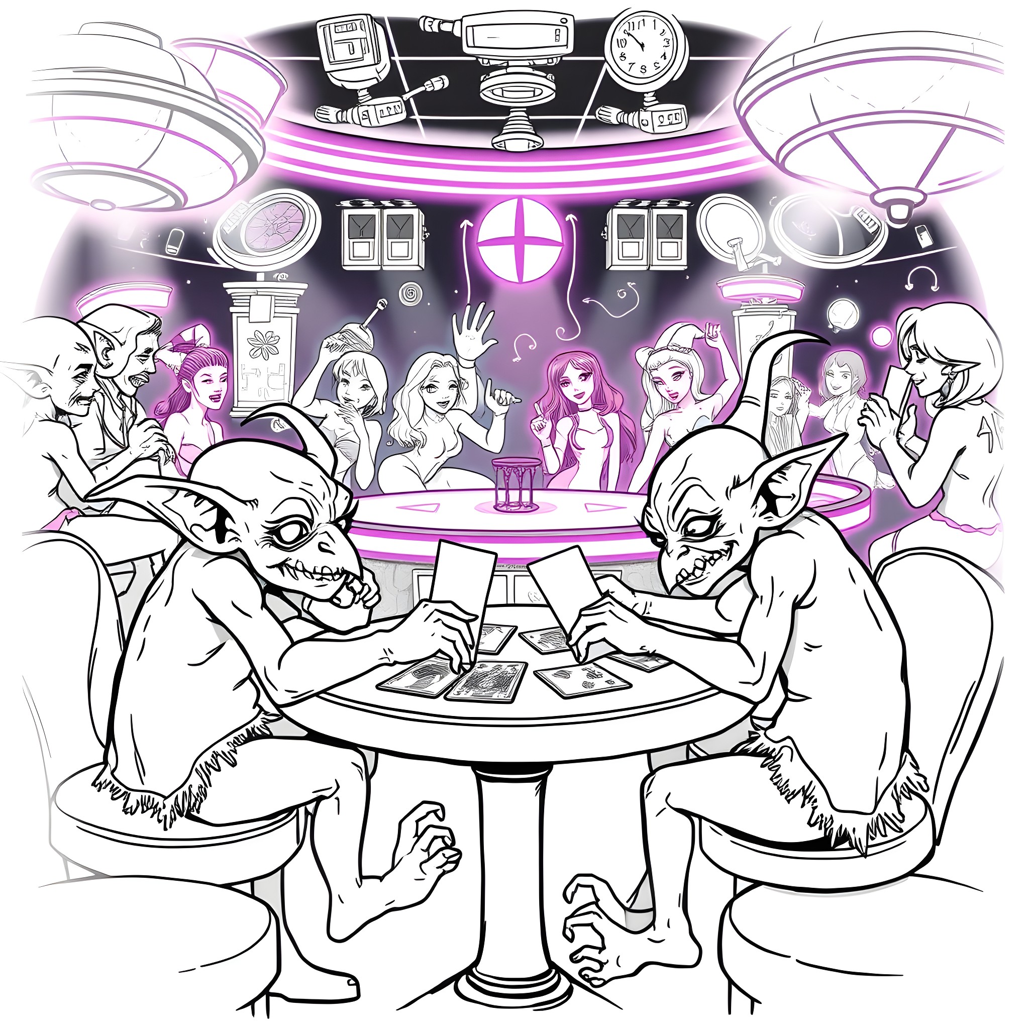 Goblin Goblins Playing Card Games in Mysterious Lounge Coloring Page (free black-and-white line drawing printable PDF for all, from beginners to advanced learners, including children, teens, adults, and seniors)