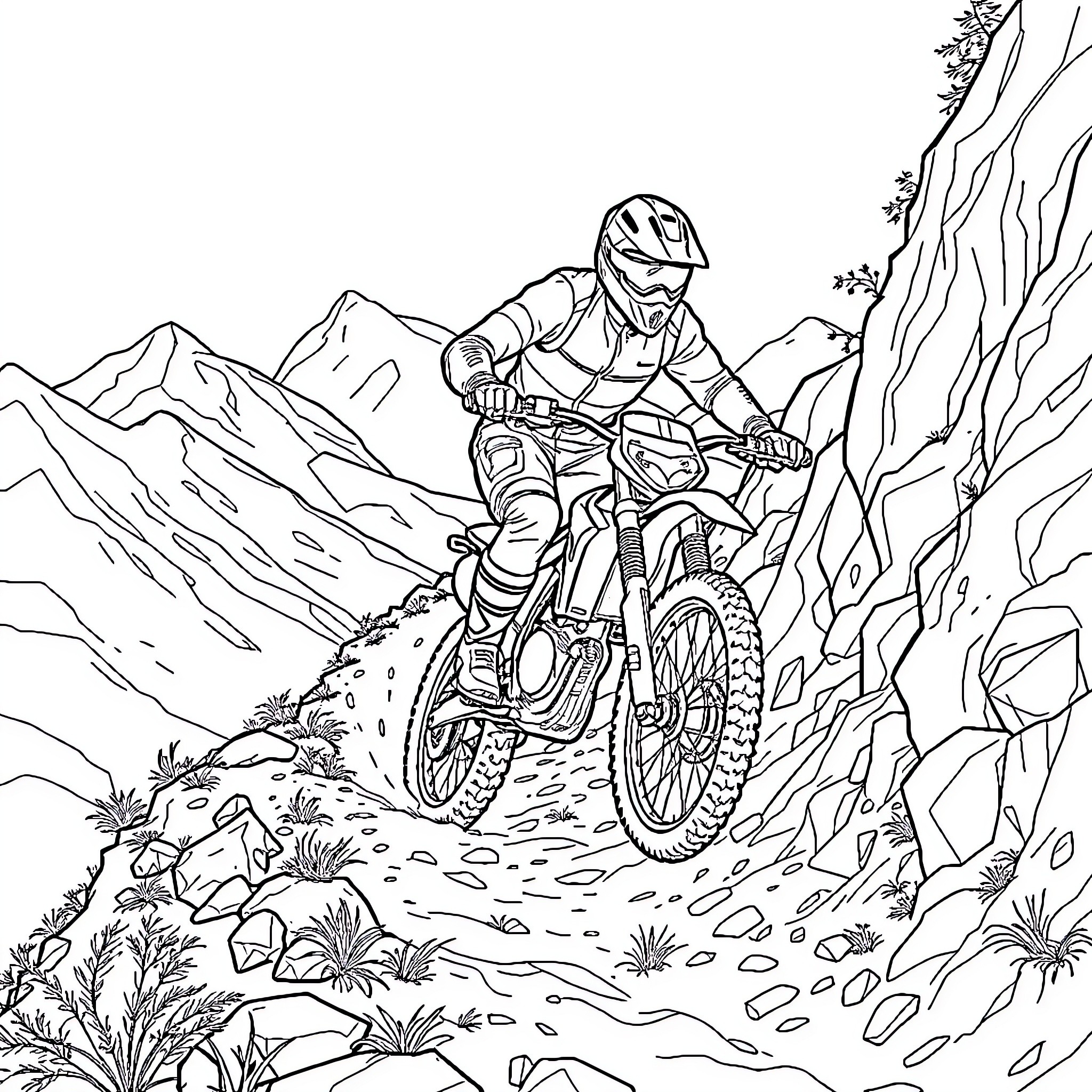 VTT Rider Navigating Rocky Mountain Terrain Coloring Page (free black-and-white line drawing printable PDF for all, from beginners to advanced learners, including children, teens, adults, and seniors)