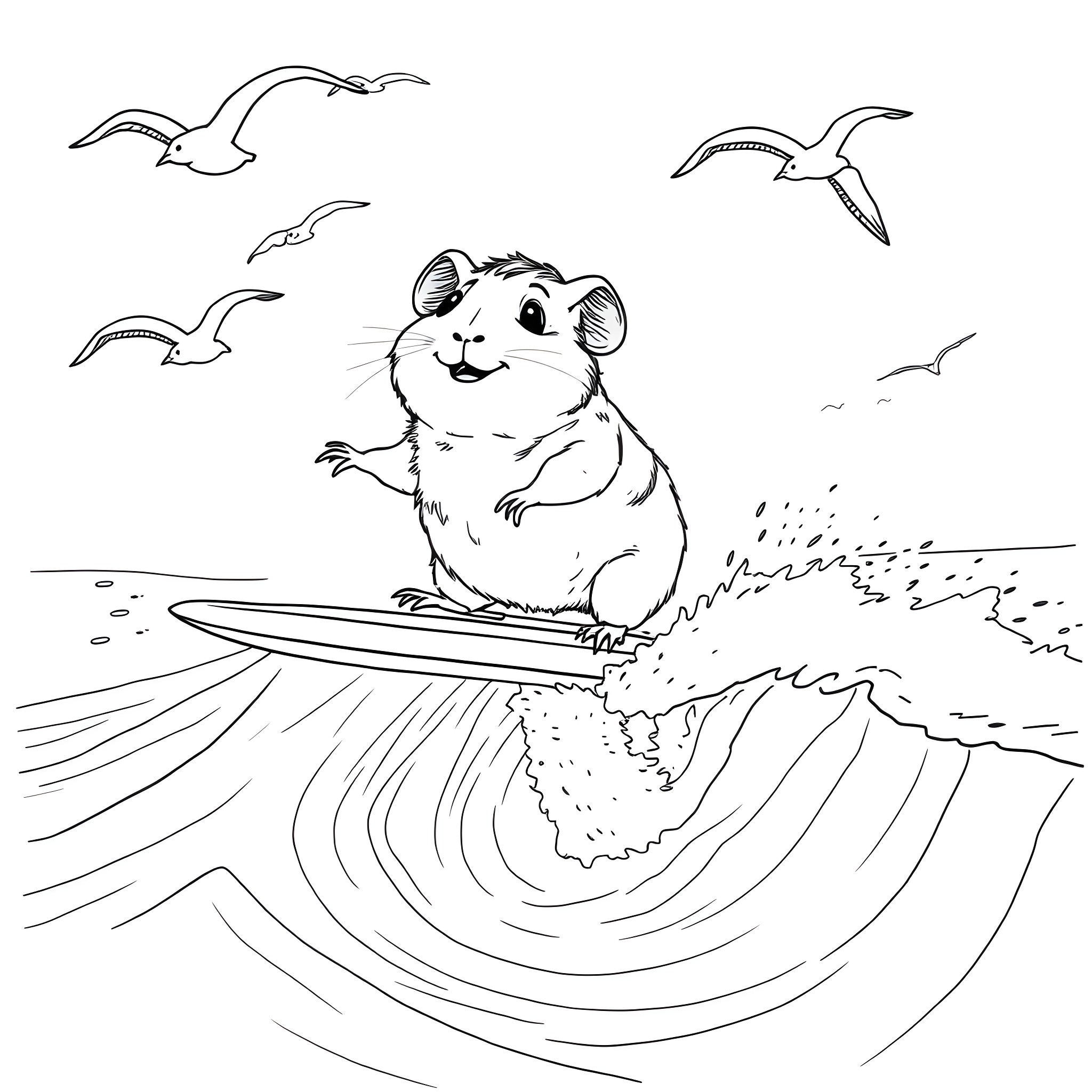 Guinea Pig riding a wave with seagulls Coloring Page (free black-and-white line drawing printable PDF for all, from beginners to advanced learners, including children, teens, adults, and seniors)