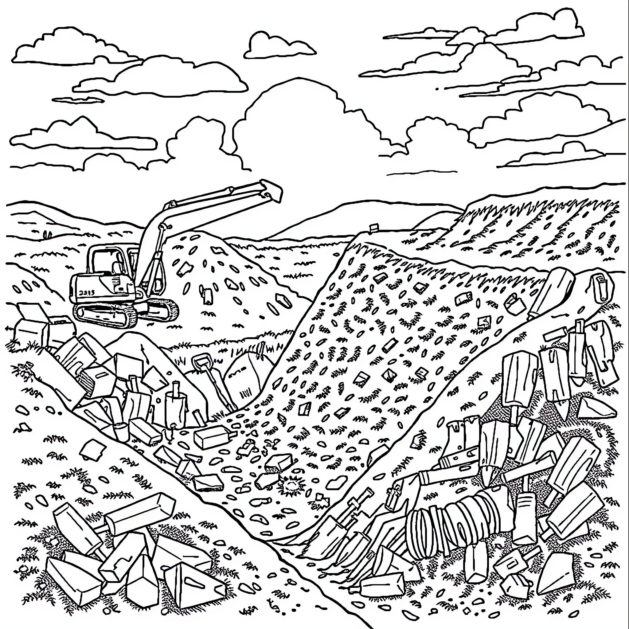 Excavation of Rugged Landscape with Heavy Machinery Coloring Page (free black-and-white line drawing printable PDF for all, from beginners to advanced learners, including children, teens, adults, and seniors)