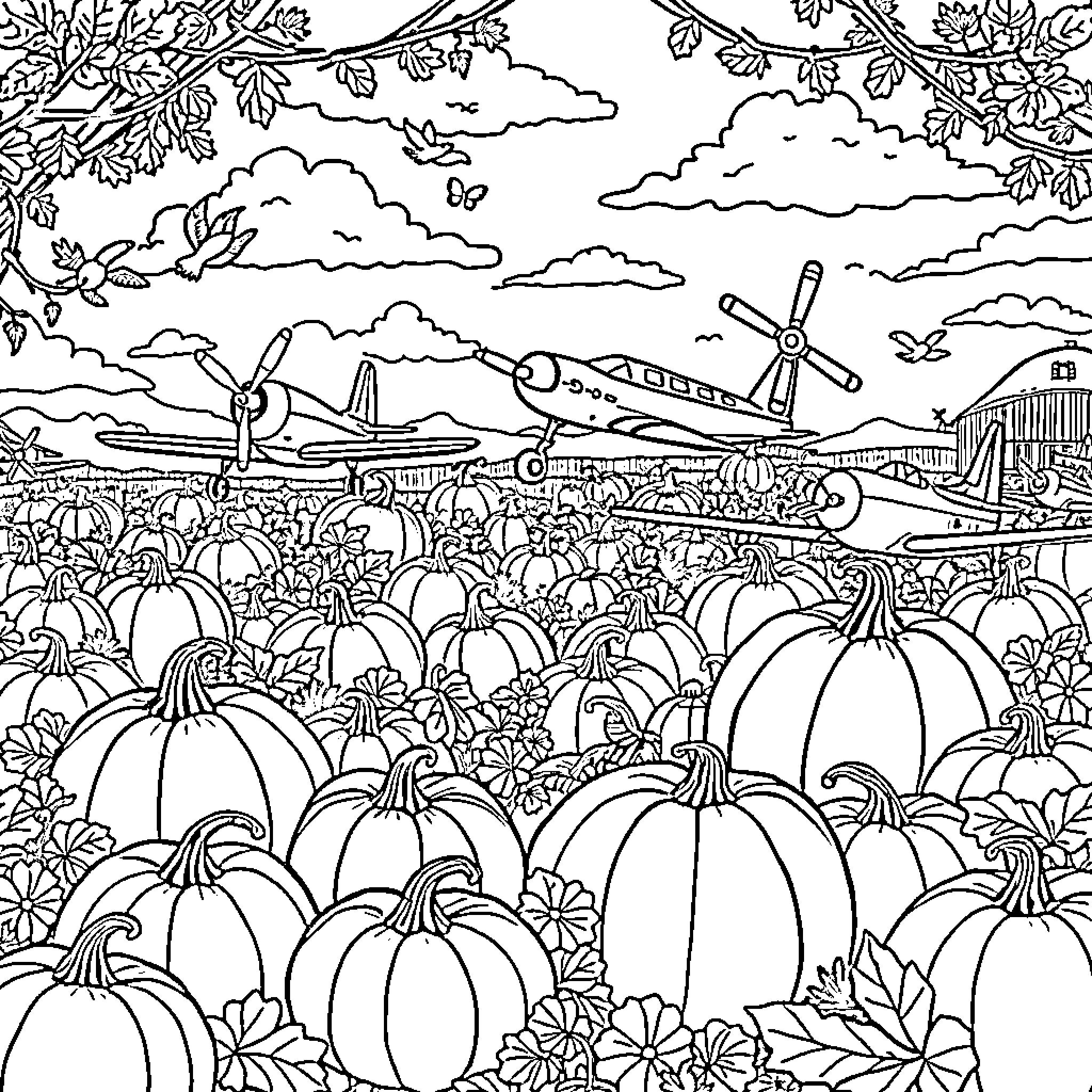 Airplane flying over a field of pumpkins Coloring Page (free black-and-white line drawing printable PDF for all, from beginners to advanced learners, including children, teens, adults, and seniors)