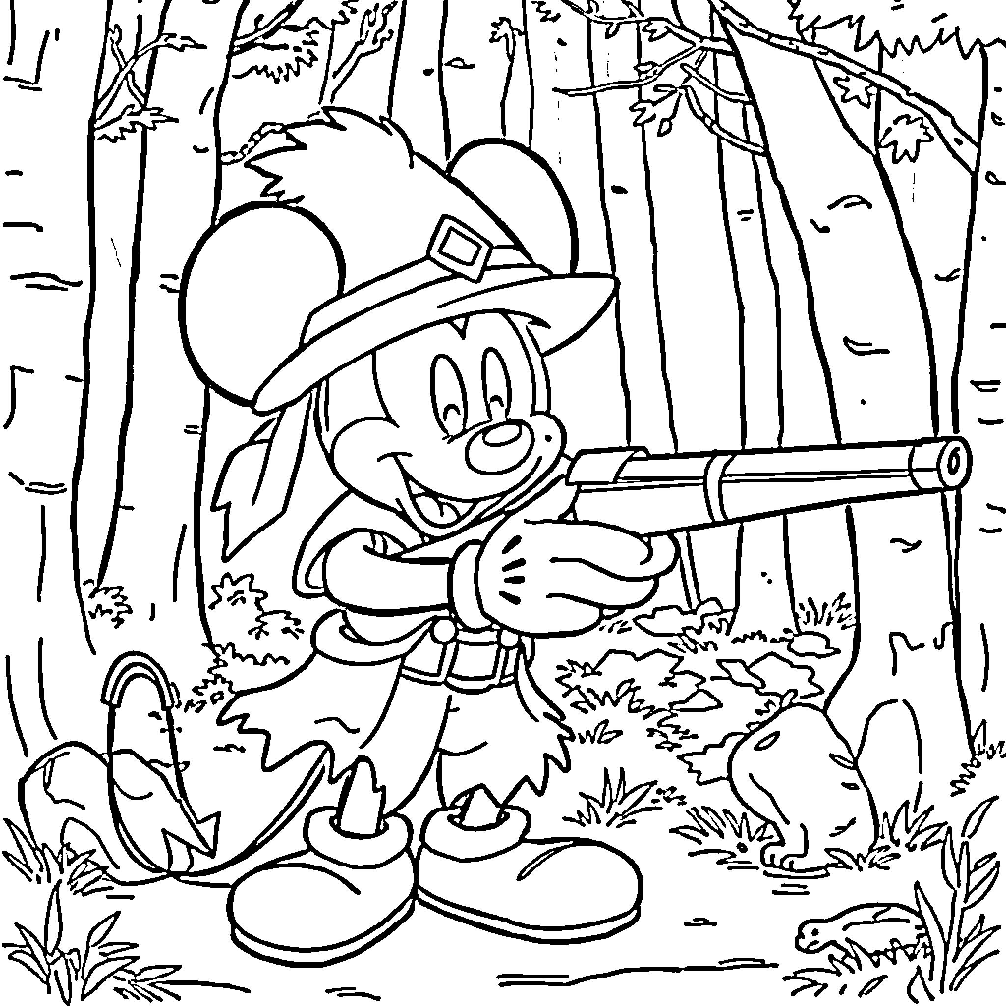 Mickey Mouse exploring the forest with a telescope Coloring Page (free black-and-white line drawing printable PDF for all, from beginners to advanced learners, including children, teens, adults, and seniors)
