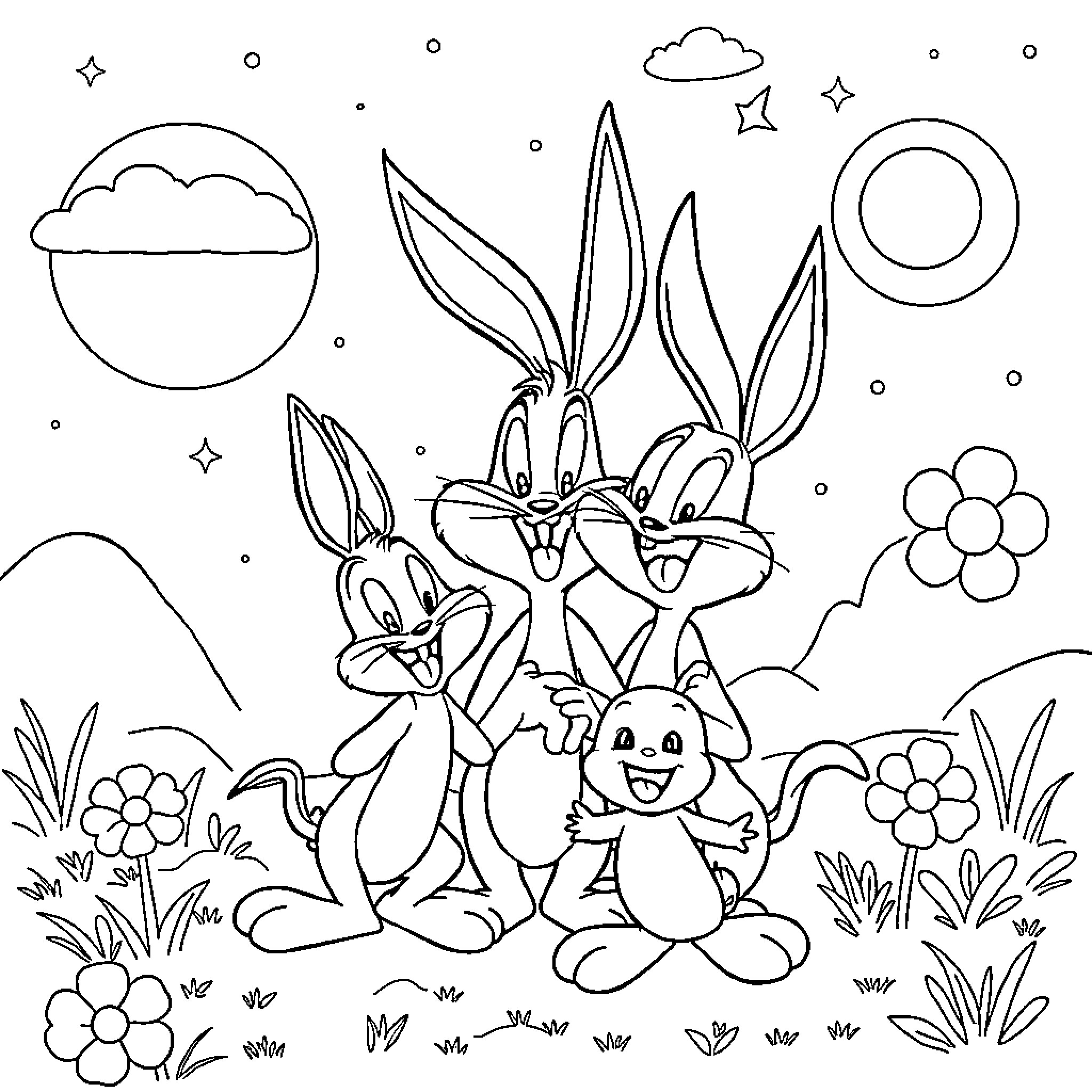 Baby Looney Tunes characters in a whimsical outdoor scene Coloring Page (free black-and-white line drawing printable PDF for all, from beginners to advanced learners, including children, teens, adults, and seniors)