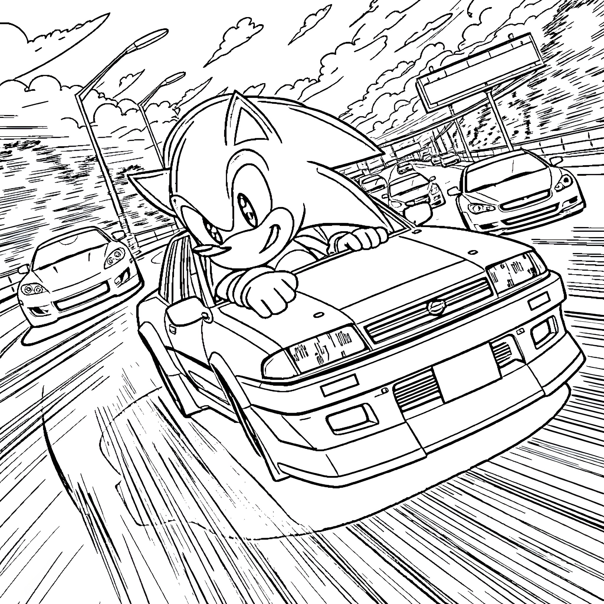 Sonic's High-Speed Adventure on the Road Coloring Page (free black-and-white line drawing printable PDF for all, from beginners to advanced learners, including children, teens, adults, and seniors)