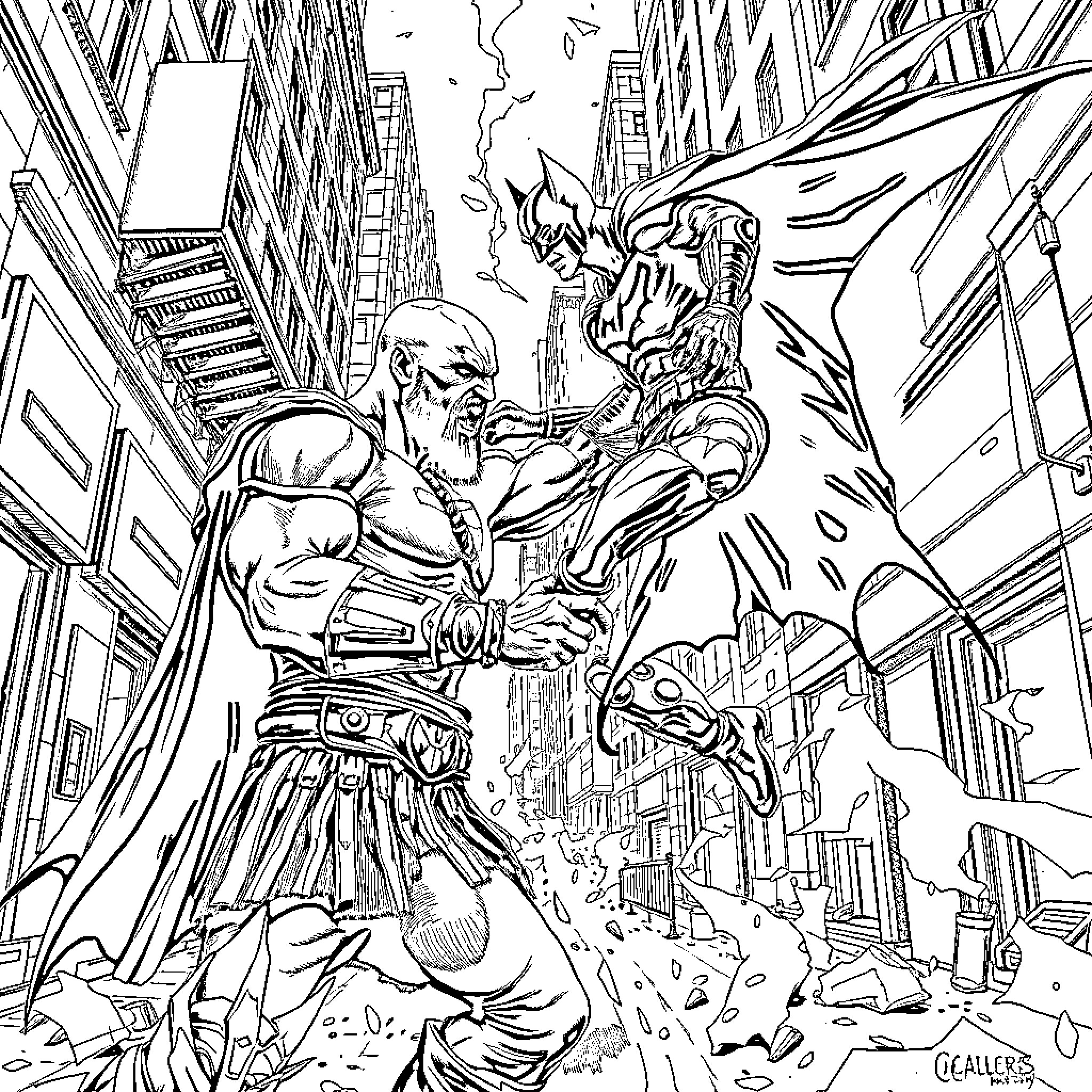 Kratos Battling Fierce Mythical Creature in Fantastical City Coloring Page (free black-and-white line drawing printable PDF for all, from beginners to advanced learners, including children, teens, adults, and seniors)
