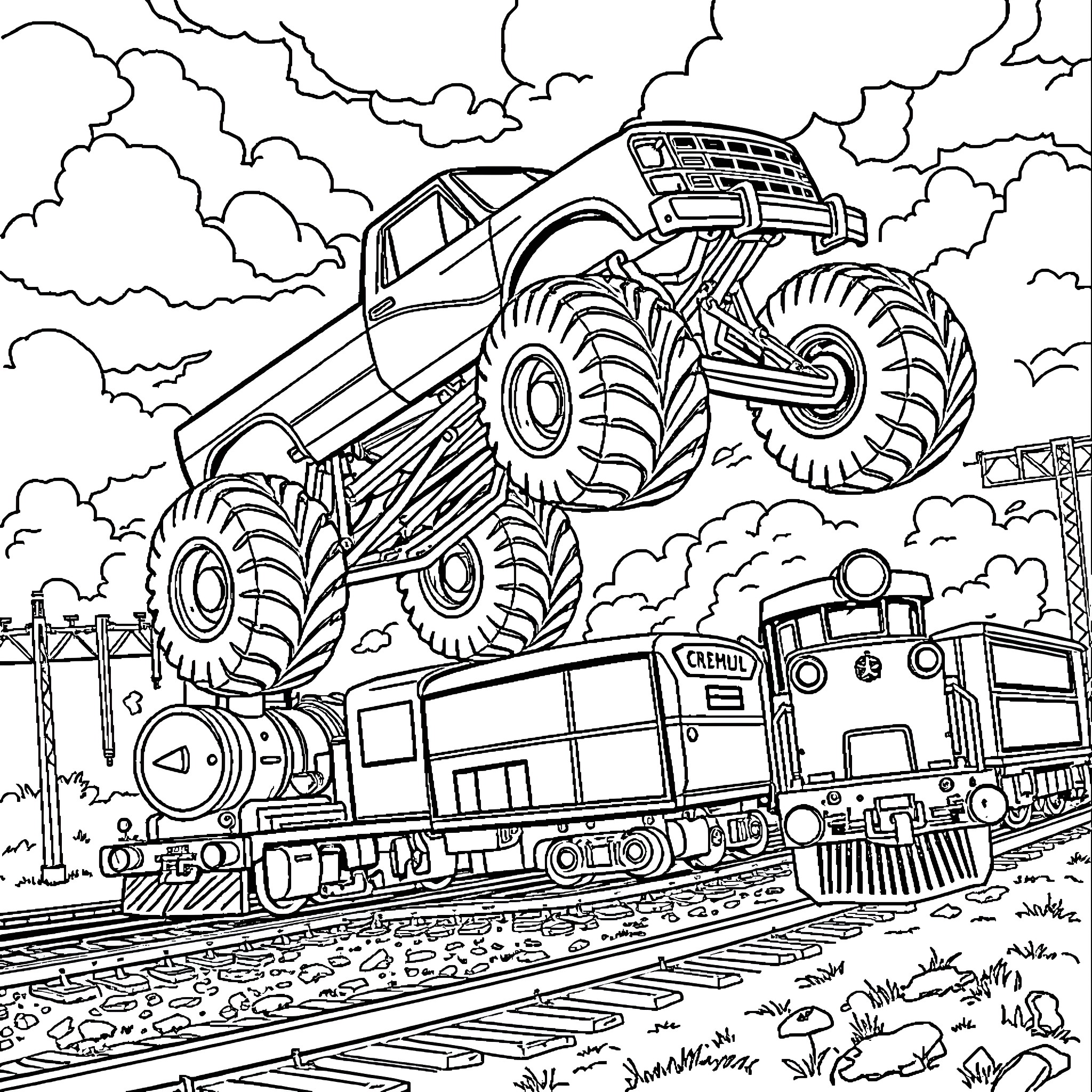 Monster Truck jumping over a railroad track Coloring Page (free black-and-white line drawing printable PDF for all, from beginners to advanced learners, including children, teens, adults, and seniors)