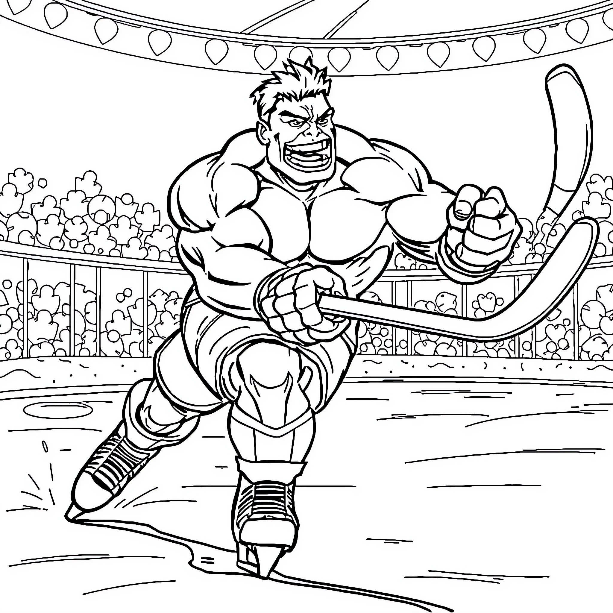 Hulk Smashing on the Hockey Rink Coloring Page (free black-and-white line drawing printable PDF for all, from beginners to advanced learners, including children, teens, adults, and seniors)