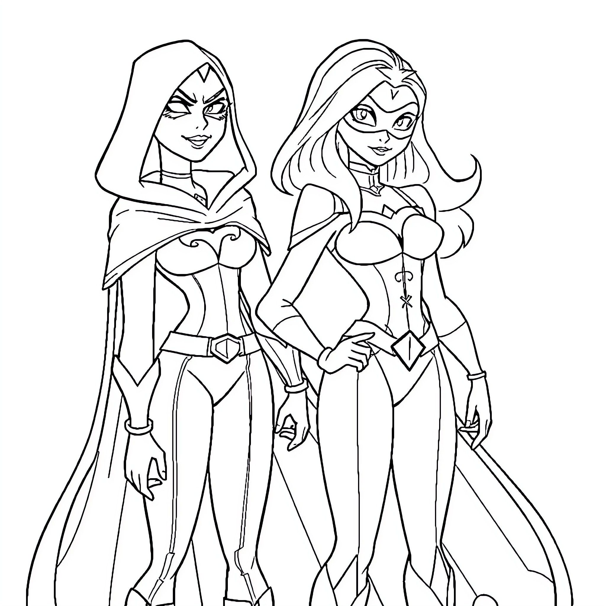 Raven heroines in action-packed attire Coloring Page (free black-and-white line drawing printable PDF for all, from beginners to advanced learners, including children, teens, adults, and seniors)