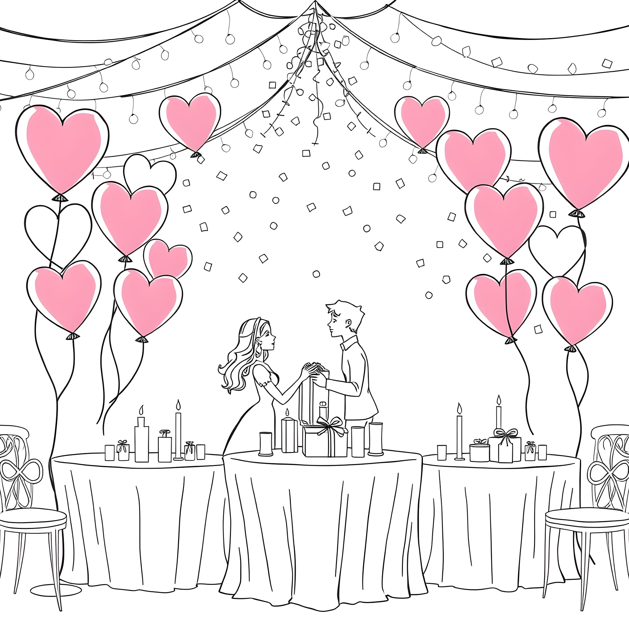 Valentine's Day Celebration with Hearts and Decorations Coloring Page (free black-and-white line drawing printable PDF for all, from beginners to advanced learners, including children, teens, adults, and seniors)