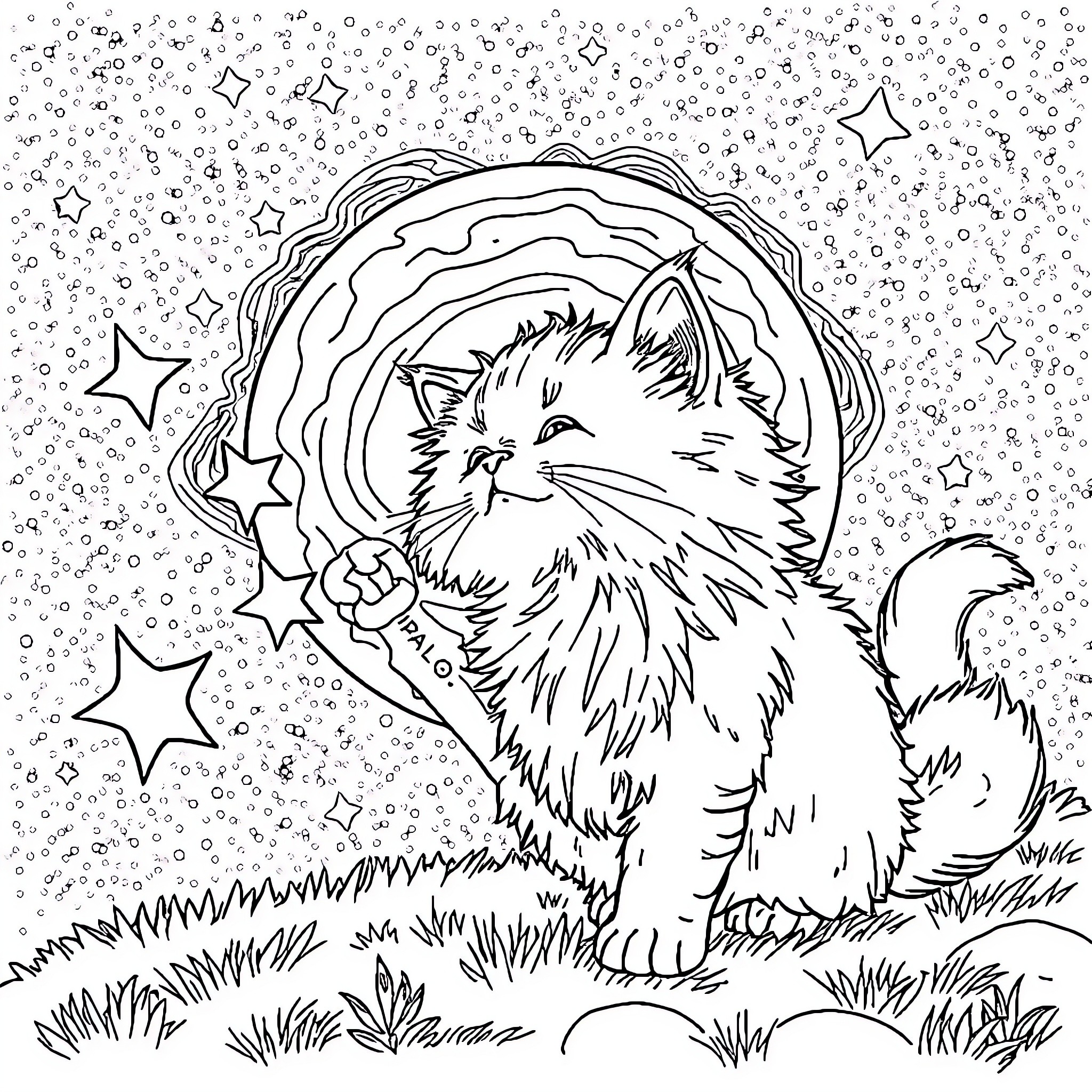 Cat in a starry night landscape Coloring Page (free black-and-white line drawing printable PDF for all, from beginners to advanced learners, including children, teens, adults, and seniors)