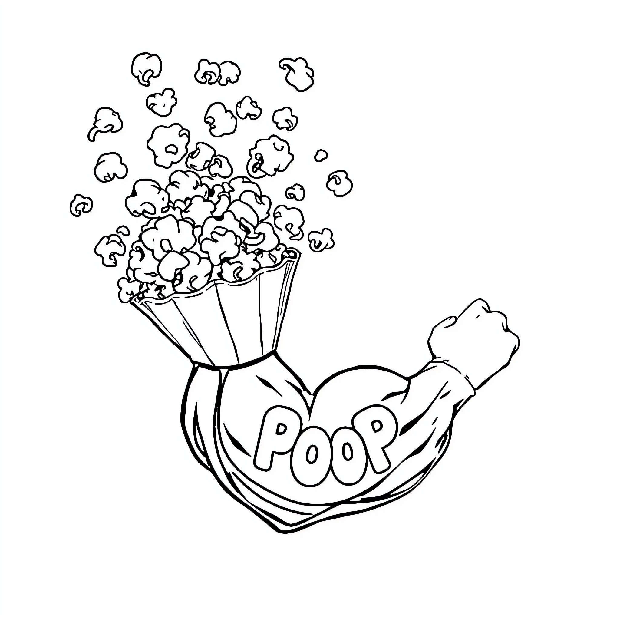 Popcorn exploding joyfully from bag Coloring Page (free black-and-white line drawing printable PDF for all, from beginners to advanced learners, including children, teens, adults, and seniors)