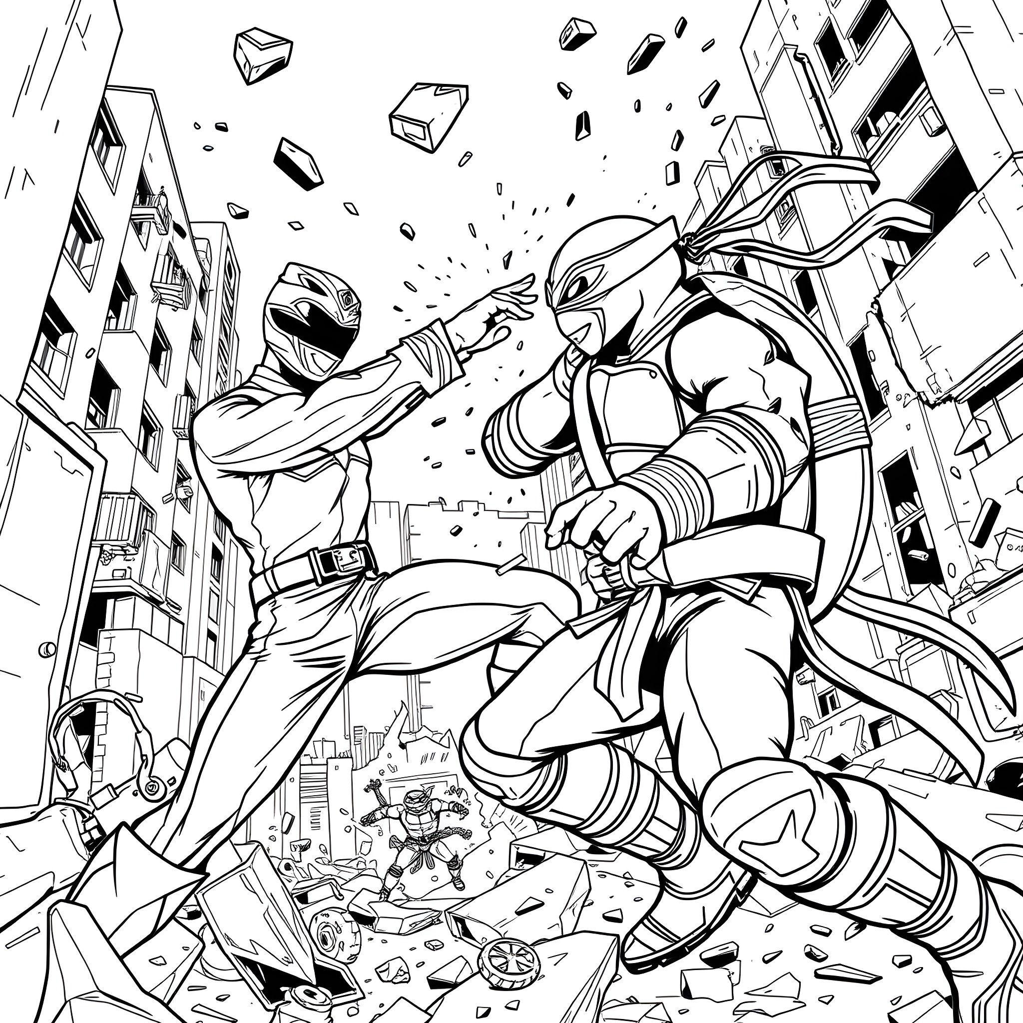 Power Rangers Battle in the City Ruins Coloring Page (free black-and-white line drawing printable PDF for all, from beginners to advanced learners, including children, teens, adults, and seniors)