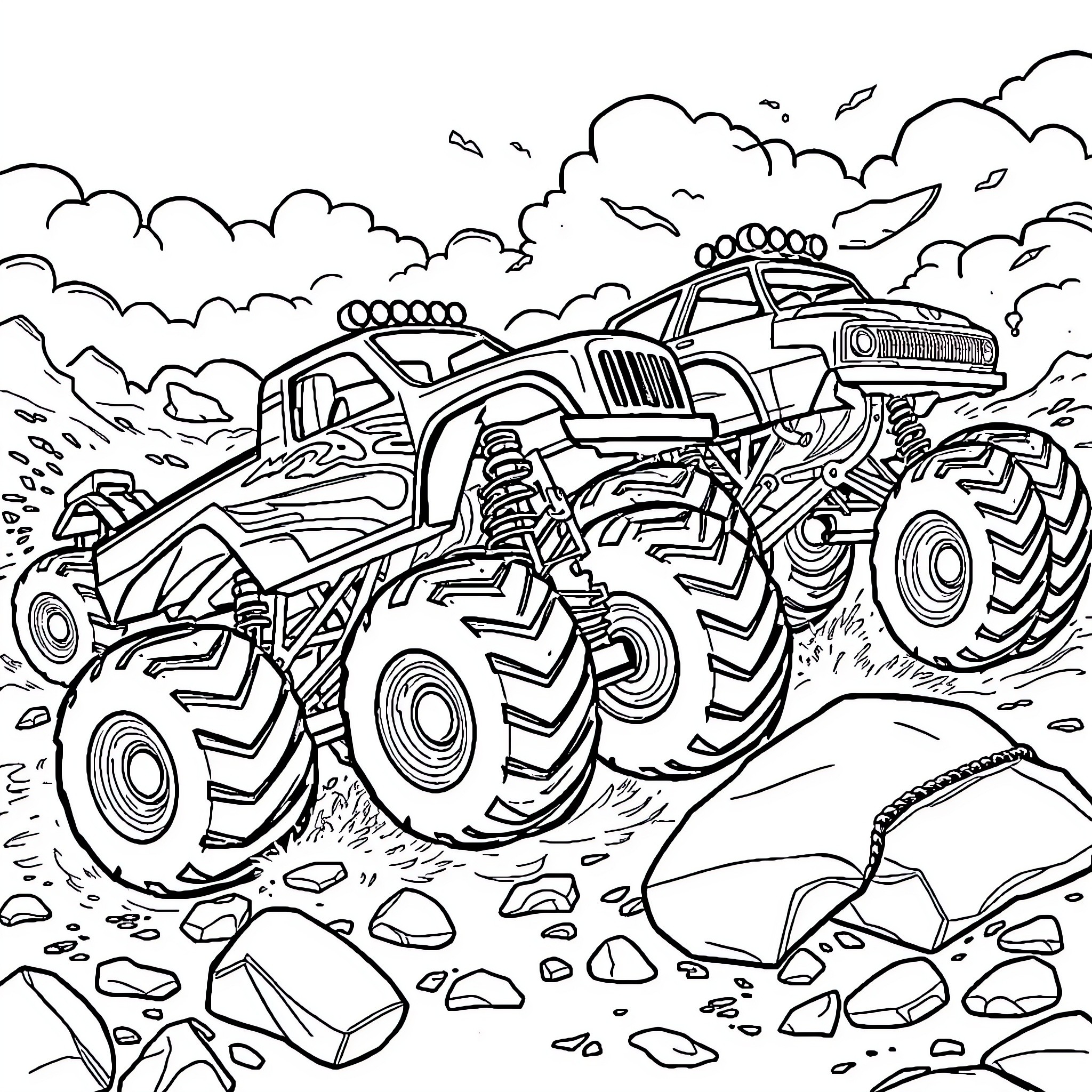 Monster Truck Crushing Rocks in a Rugged Outdoor Scene Coloring Page (free black-and-white line drawing printable PDF for all, from beginners to advanced learners, including children, teens, adults, and seniors)