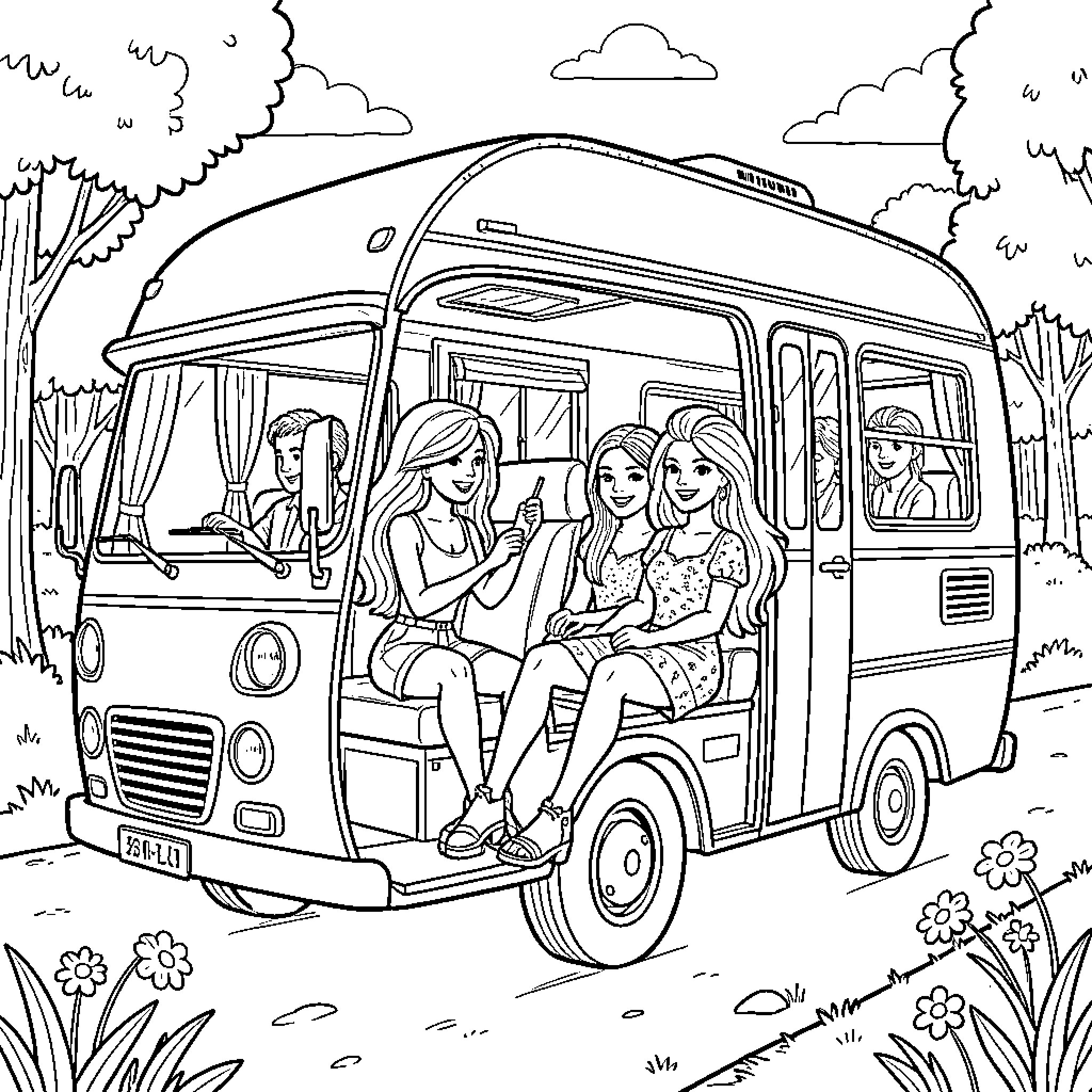 Barbie friends enjoying a road trip in a camper Coloring Page (free black-and-white line drawing printable PDF for all, from beginners to advanced learners, including children, teens, adults, and seniors)