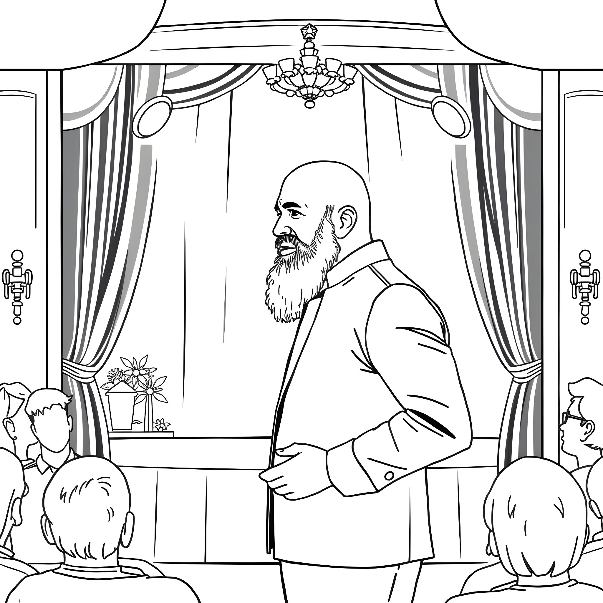 Man in formal attire addressing audience on stage Coloring Page (free black-and-white line drawing printable PDF for all, from beginners to advanced learners, including children, teens, adults, and seniors)
