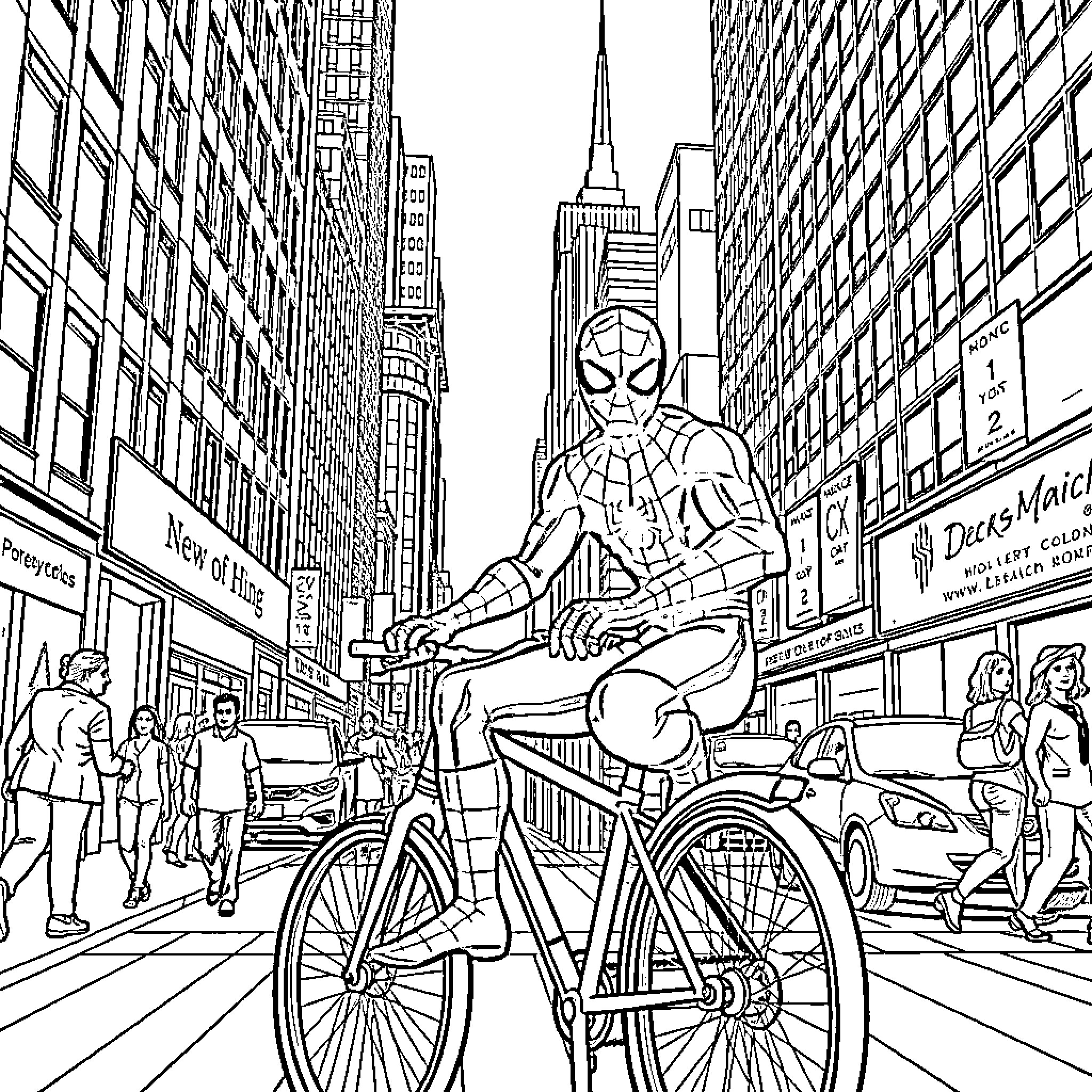 Spiderman cycling through bustling city streets Coloring Page (free black-and-white line drawing printable PDF for all, from beginners to advanced learners, including children, teens, adults, and seniors)
