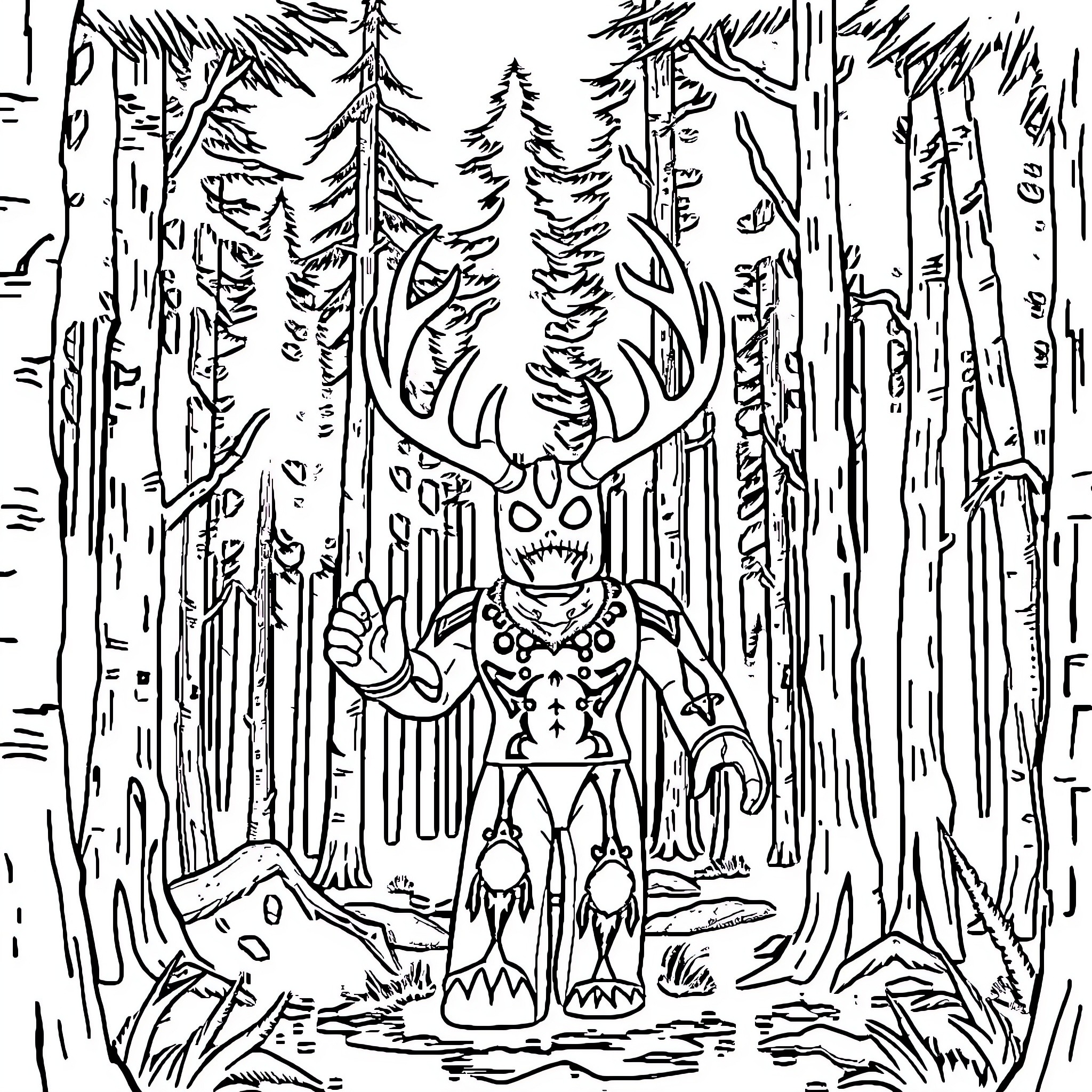 Wendigo stalking through the haunted forest Coloring Page (free black-and-white line drawing printable PDF for all, from beginners to advanced learners, including children, teens, adults, and seniors)