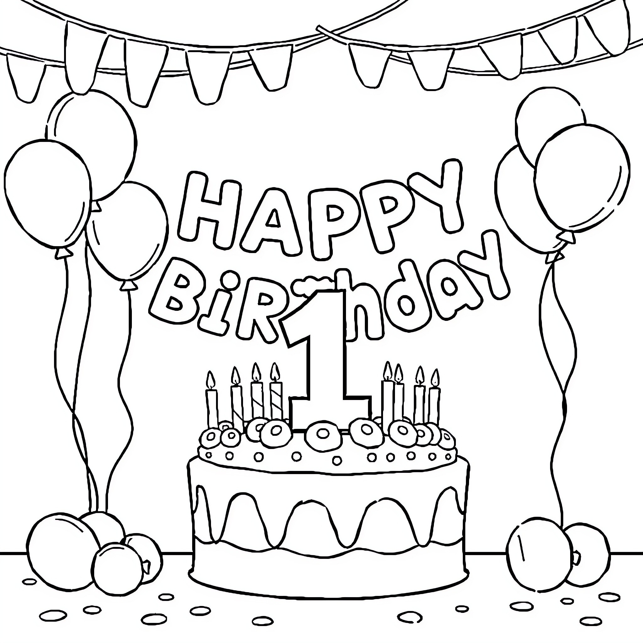 Birthday celebration with cake, balloons and party decorations Coloring Page (free black-and-white line drawing printable PDF for all, from beginners to advanced learners, including children, teens, adults, and seniors)