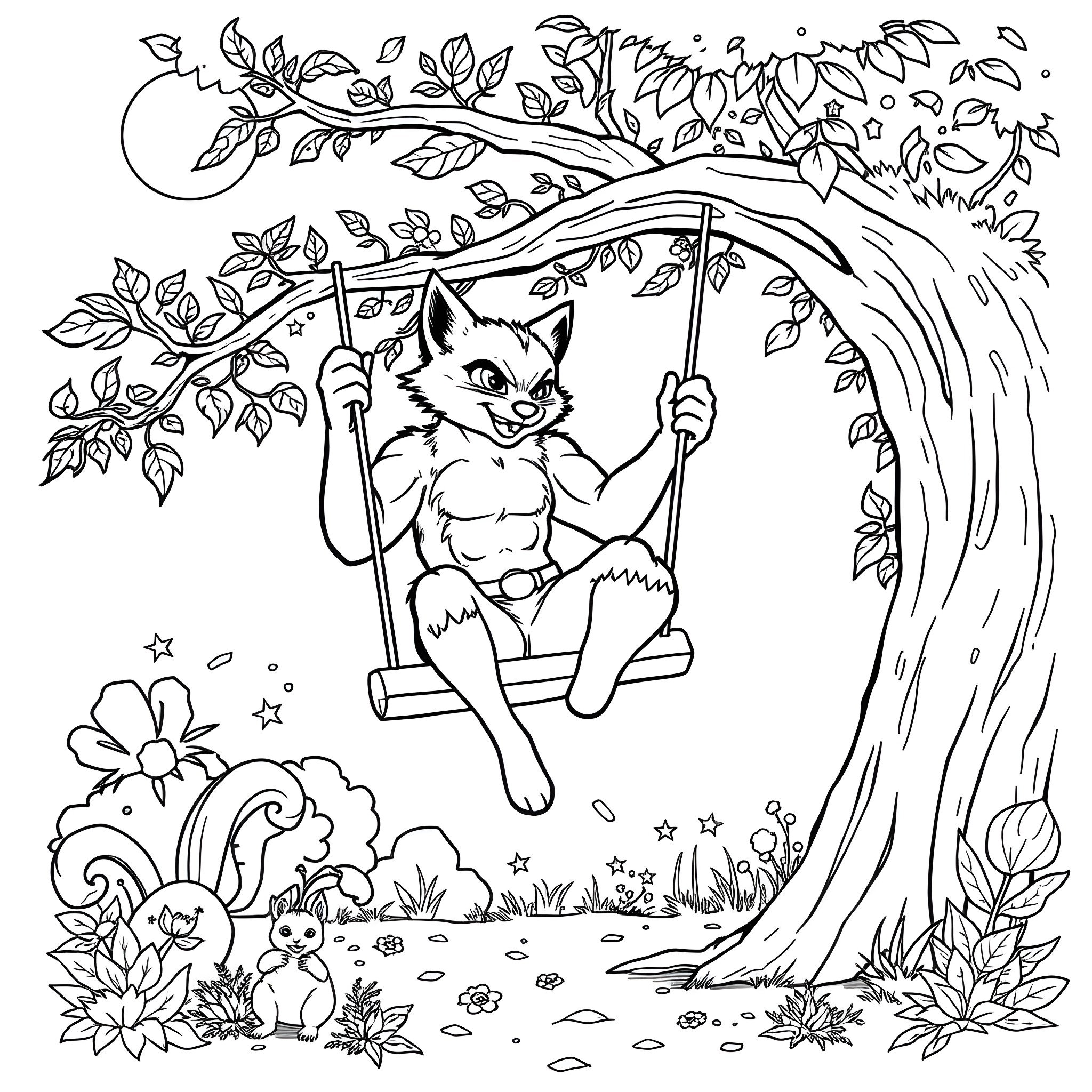Wolverine Cat enjoying a swing in the woods Coloring Page (free black-and-white line drawing printable PDF for all, from beginners to advanced learners, including children, teens, adults, and seniors)