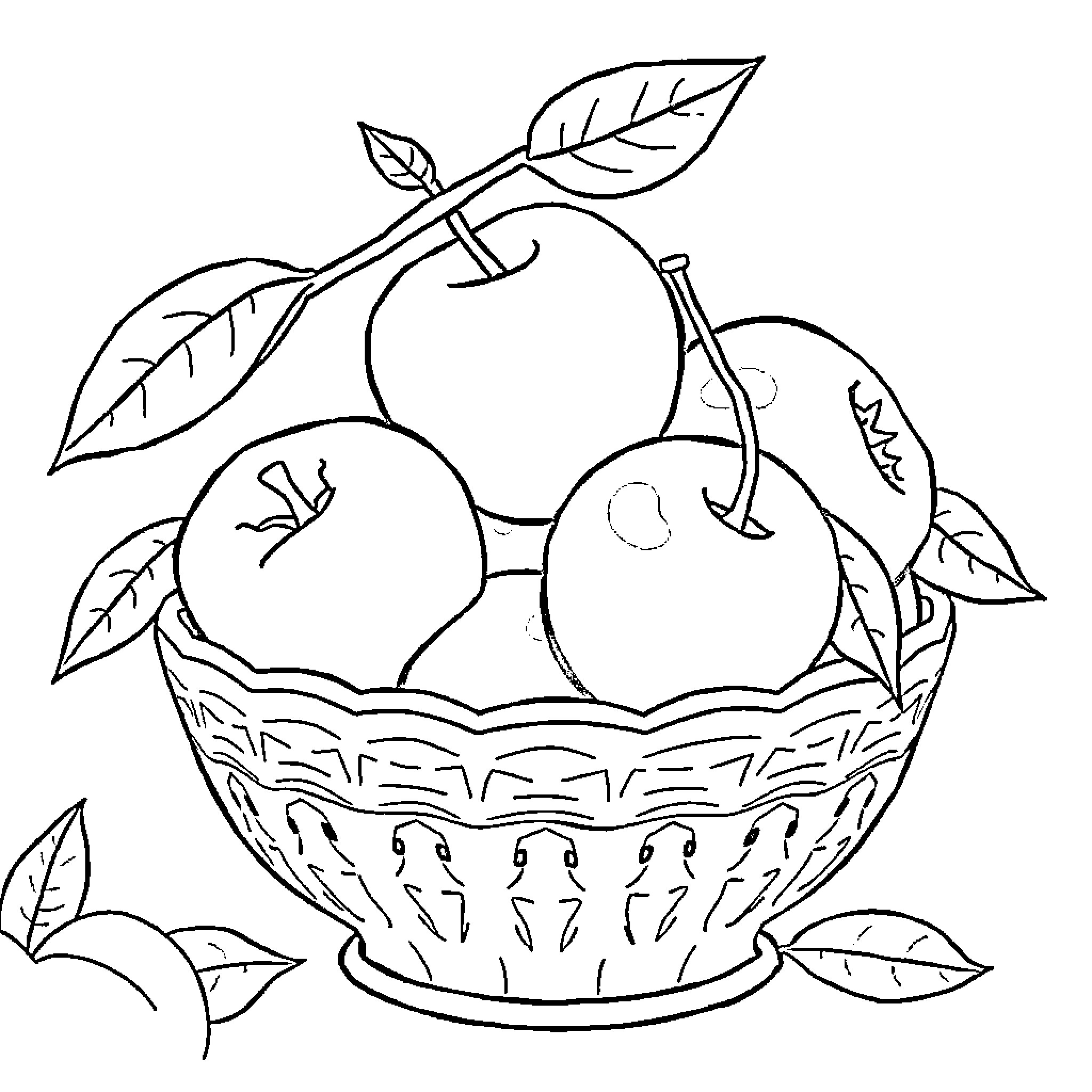 Apple Basket with Detailed Leaves and Intricate Pattern Coloring Page (free black-and-white line drawing printable PDF for all, from beginners to advanced learners, including children, teens, adults, and seniors)