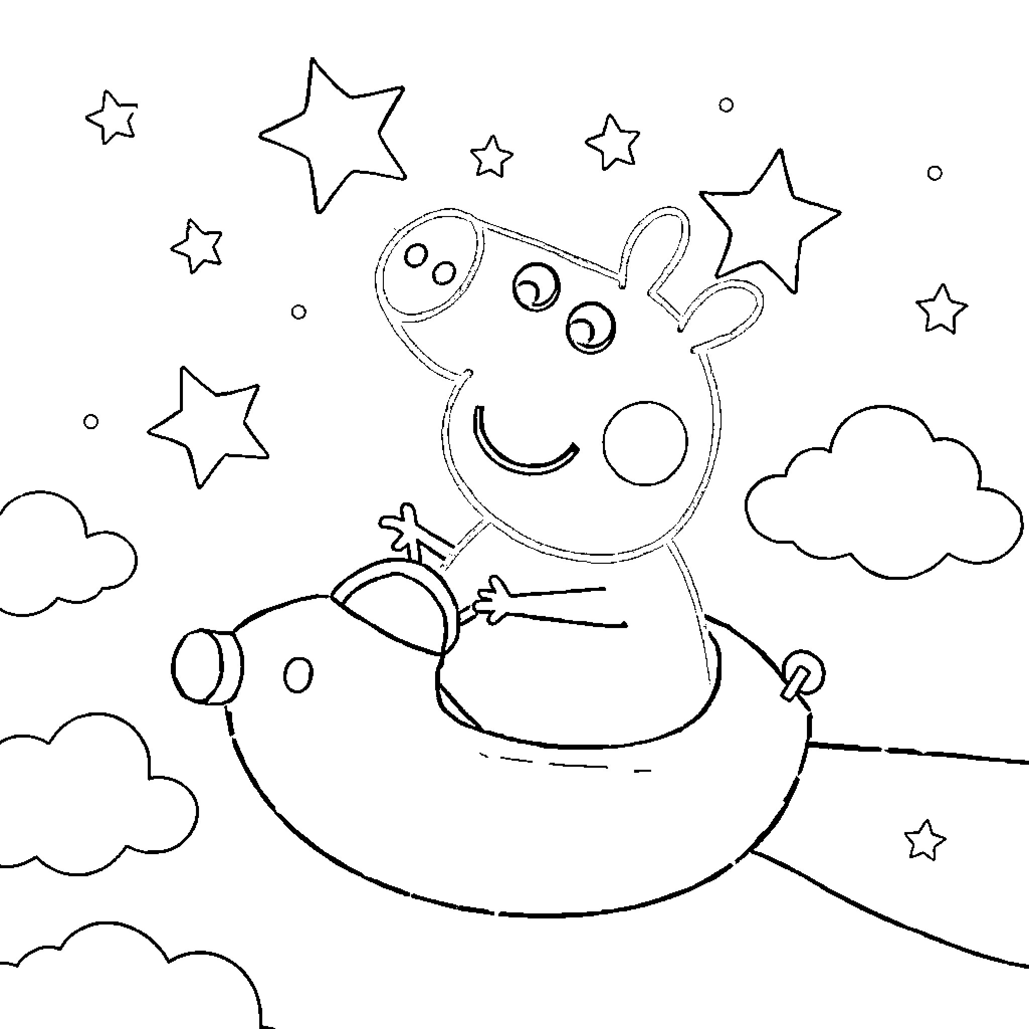 Peppa Pig playing in a starry night sky Coloring Page (free black-and-white line drawing printable PDF for all, from beginners to advanced learners, including children, teens, adults, and seniors)
