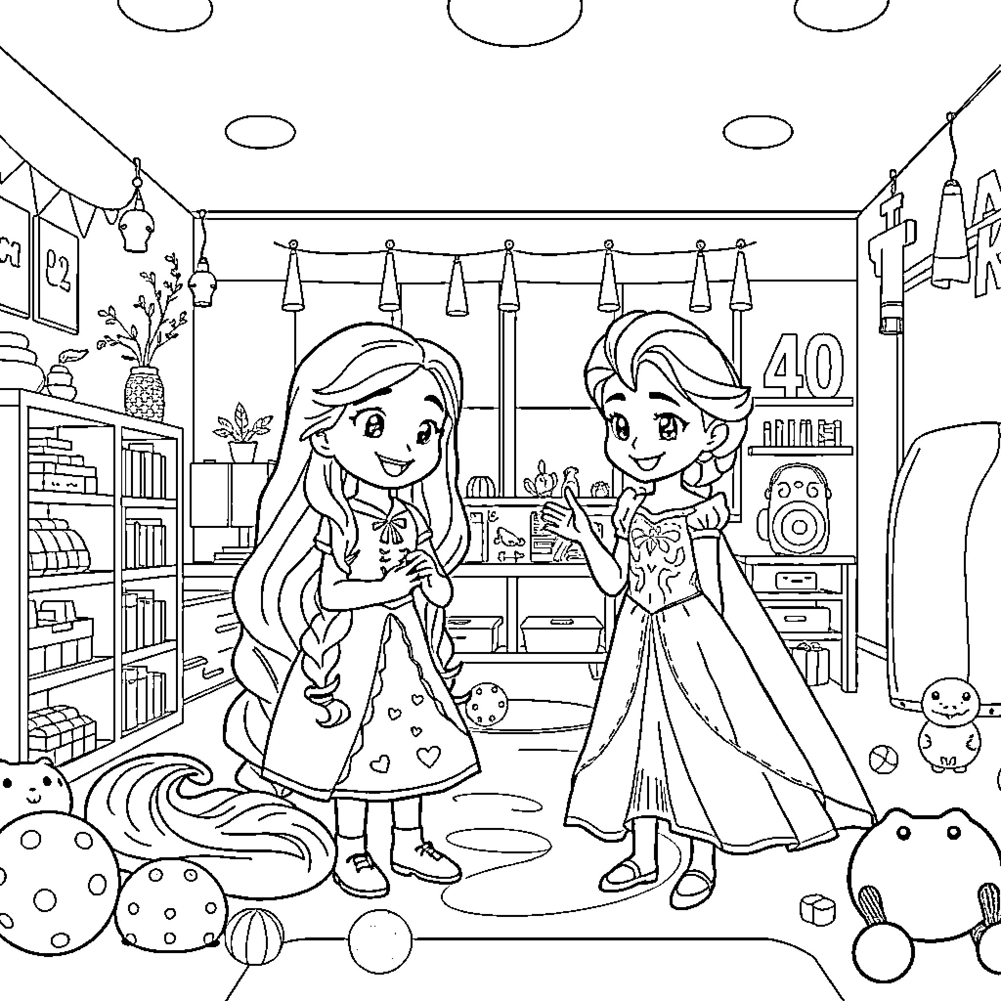 Rapunzel and Elsa's magical playroom adventure Coloring Page (free black-and-white line drawing printable PDF for all, from beginners to advanced learners, including children, teens, adults, and seniors)