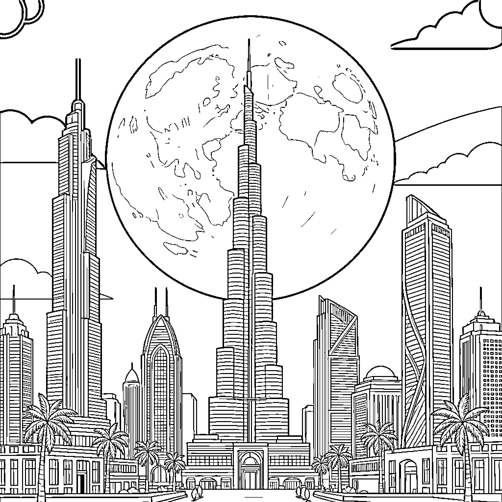 Full Moon Over Towering Cityscape Coloring Page (free black-and-white line drawing printable PDF for all, from beginners to advanced learners, including children, teens, adults, and seniors)