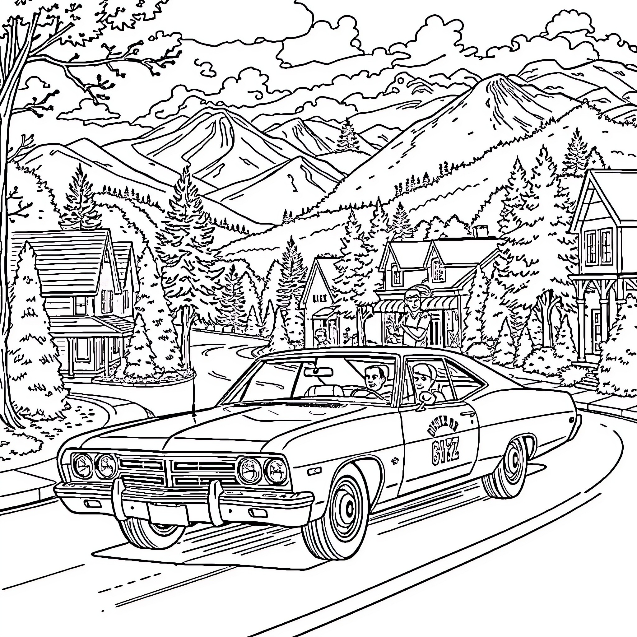 Duke's Adventurous Mountain Town Exploration Coloring Page (free black-and-white line drawing printable PDF for all, from beginners to advanced learners, including children, teens, adults, and seniors)