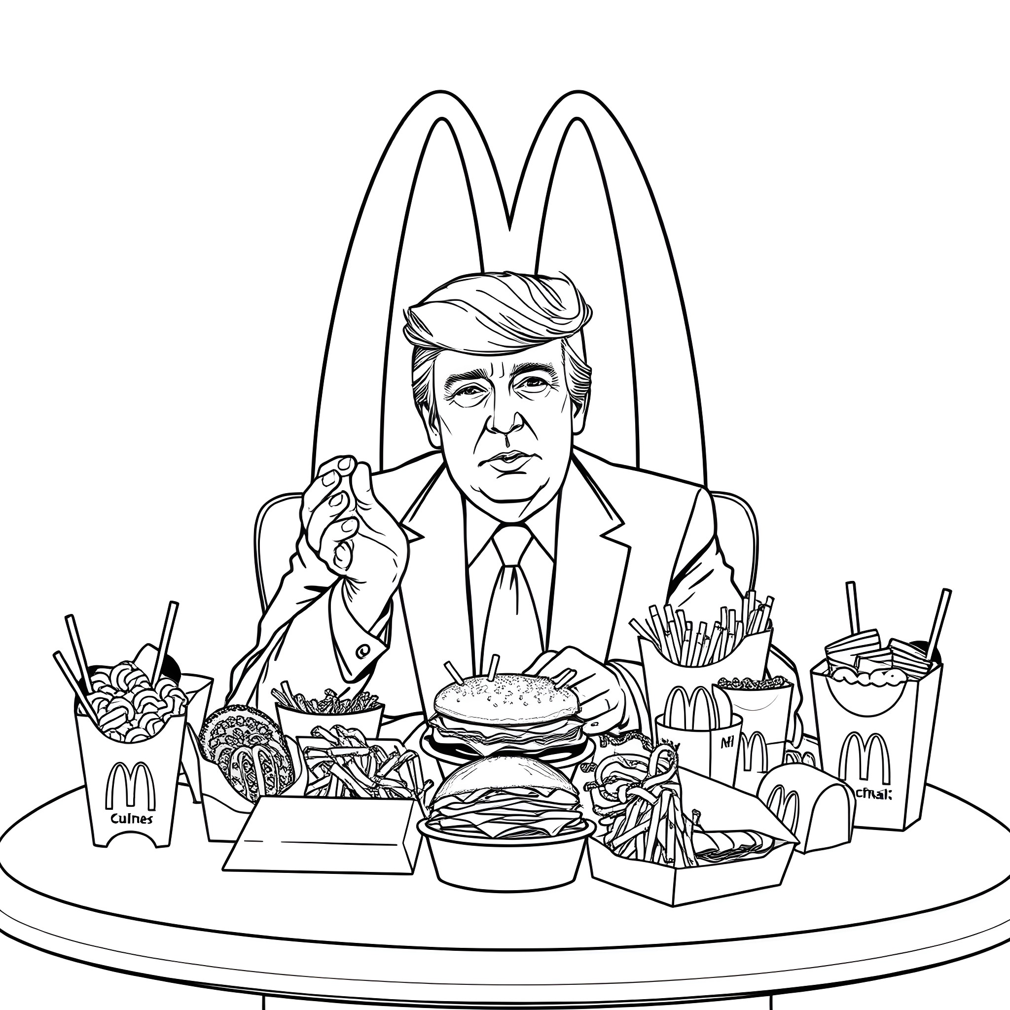 Donald Trump enjoying a feast of fast food Coloring Page (free black-and-white line drawing printable PDF for all, from beginners to advanced learners, including children, teens, adults, and seniors)