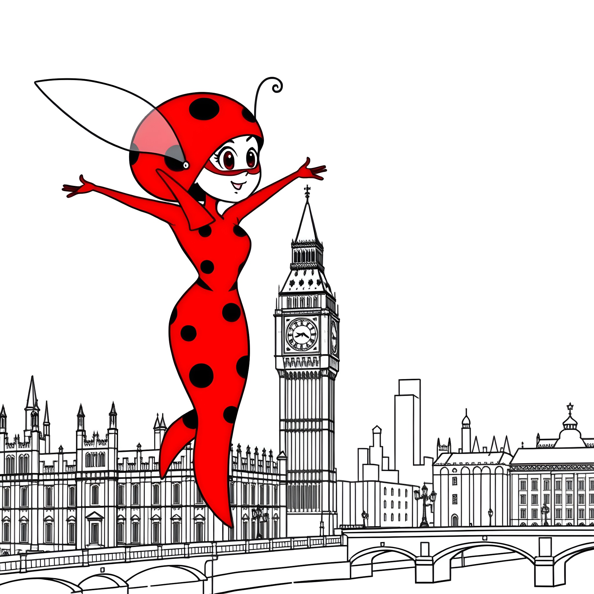 Ladybug exploring the iconic landmarks of London Coloring Page (free black-and-white line drawing printable PDF for all, from beginners to advanced learners, including children, teens, adults, and seniors)