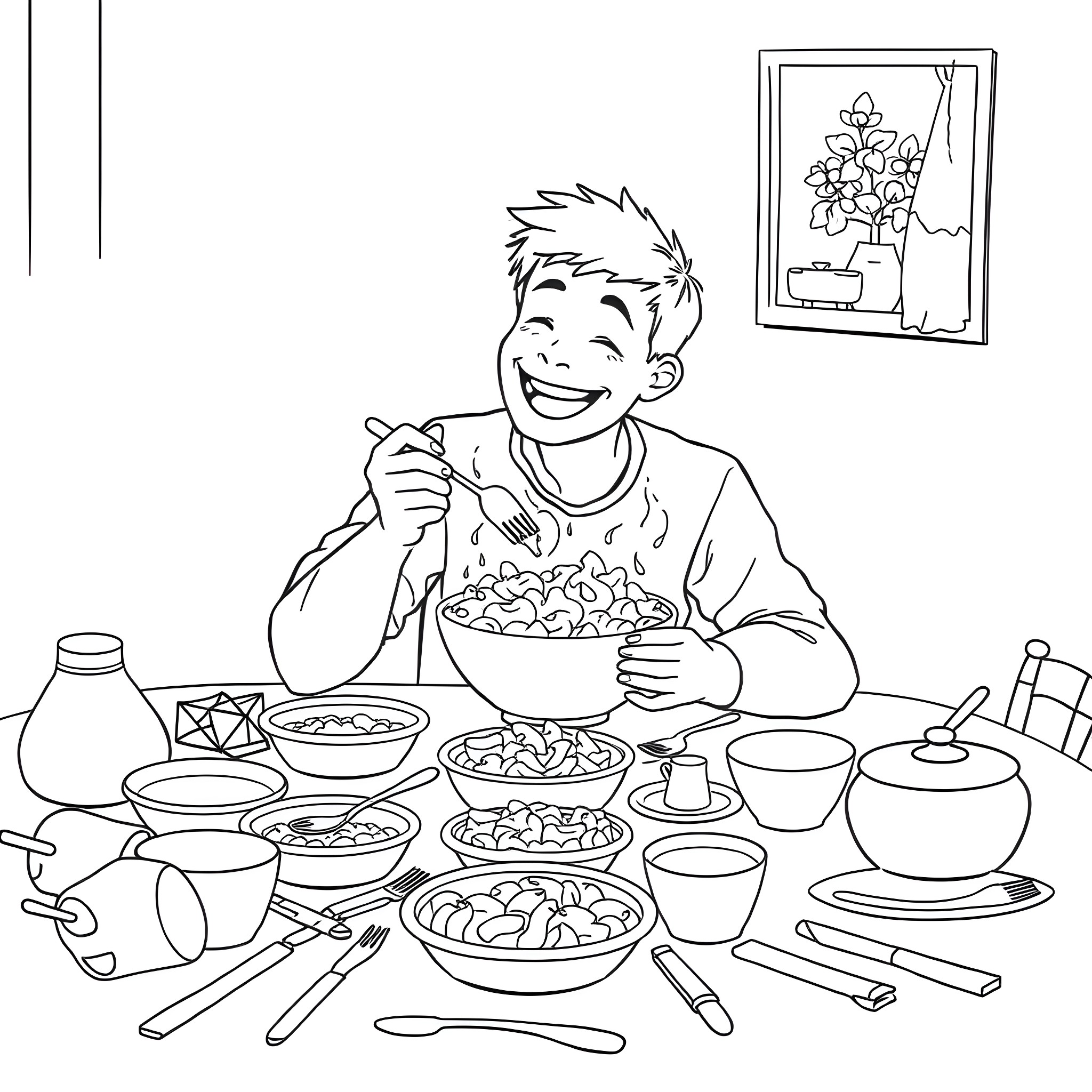 Person enjoying a hearty meal at the dinner table Coloring Page (free black-and-white line drawing printable PDF for all, from beginners to advanced learners, including children, teens, adults, and seniors)