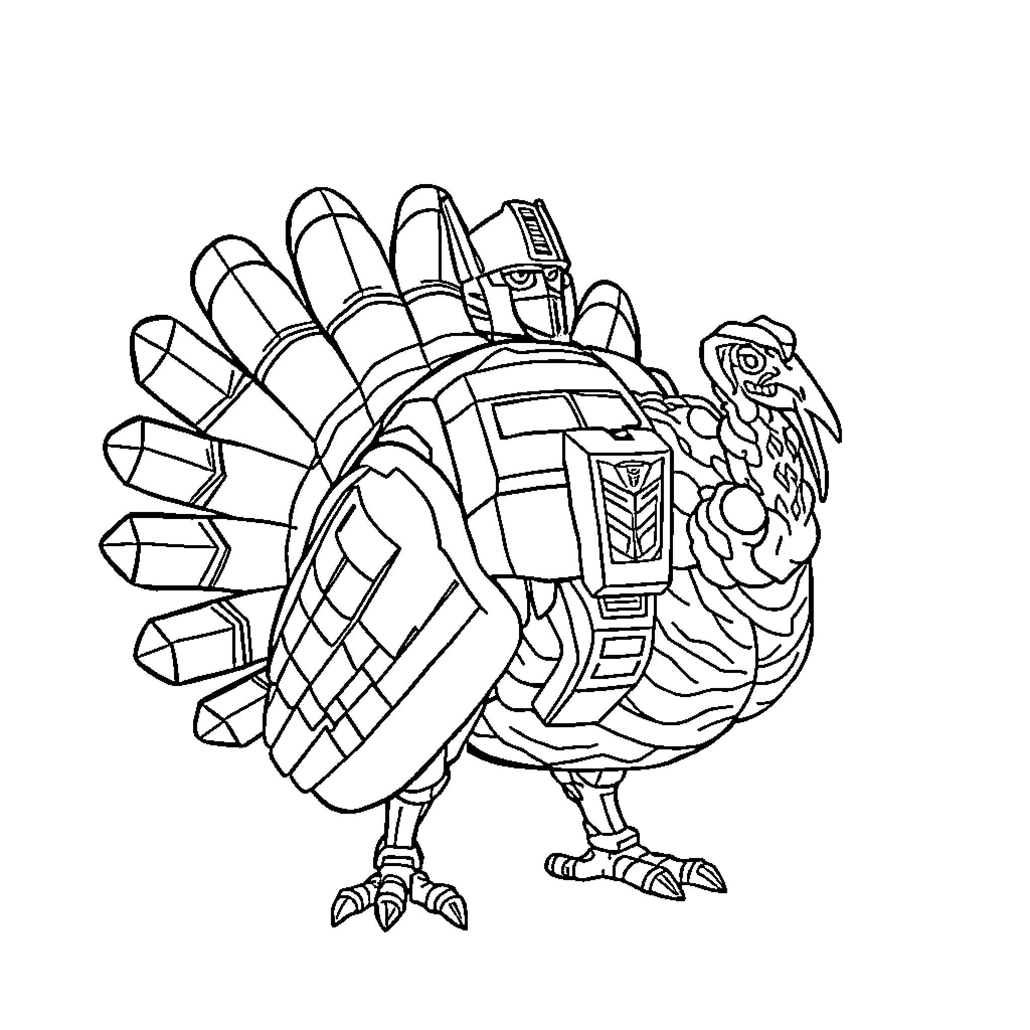 Turkey robot with futuristic design Coloring Page (free black-and-white line drawing printable PDF for all, from beginners to advanced learners, including children, teens, adults, and seniors)