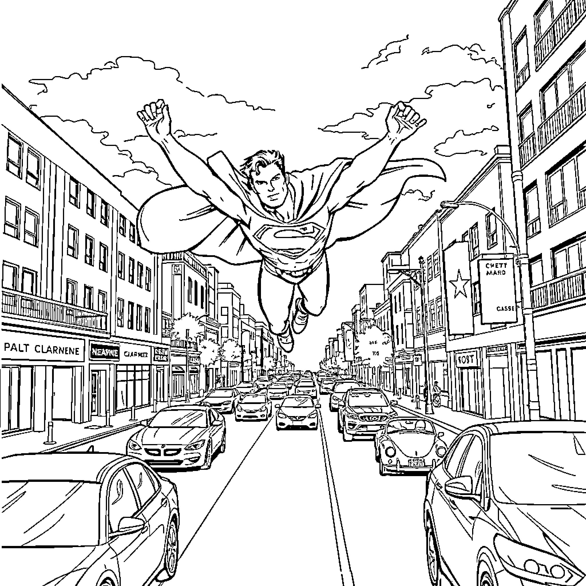 Superman soaring above the bustling city Coloring Page (free black-and-white line drawing printable PDF for all, from beginners to advanced learners, including children, teens, adults, and seniors)