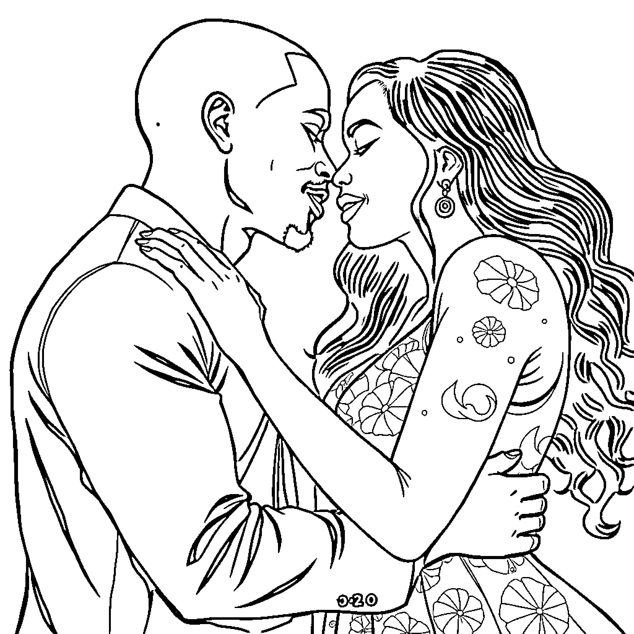 Man and woman intimately embracing Coloring Page (free black-and-white line drawing printable PDF for all, from beginners to advanced learners, including children, teens, adults, and seniors)