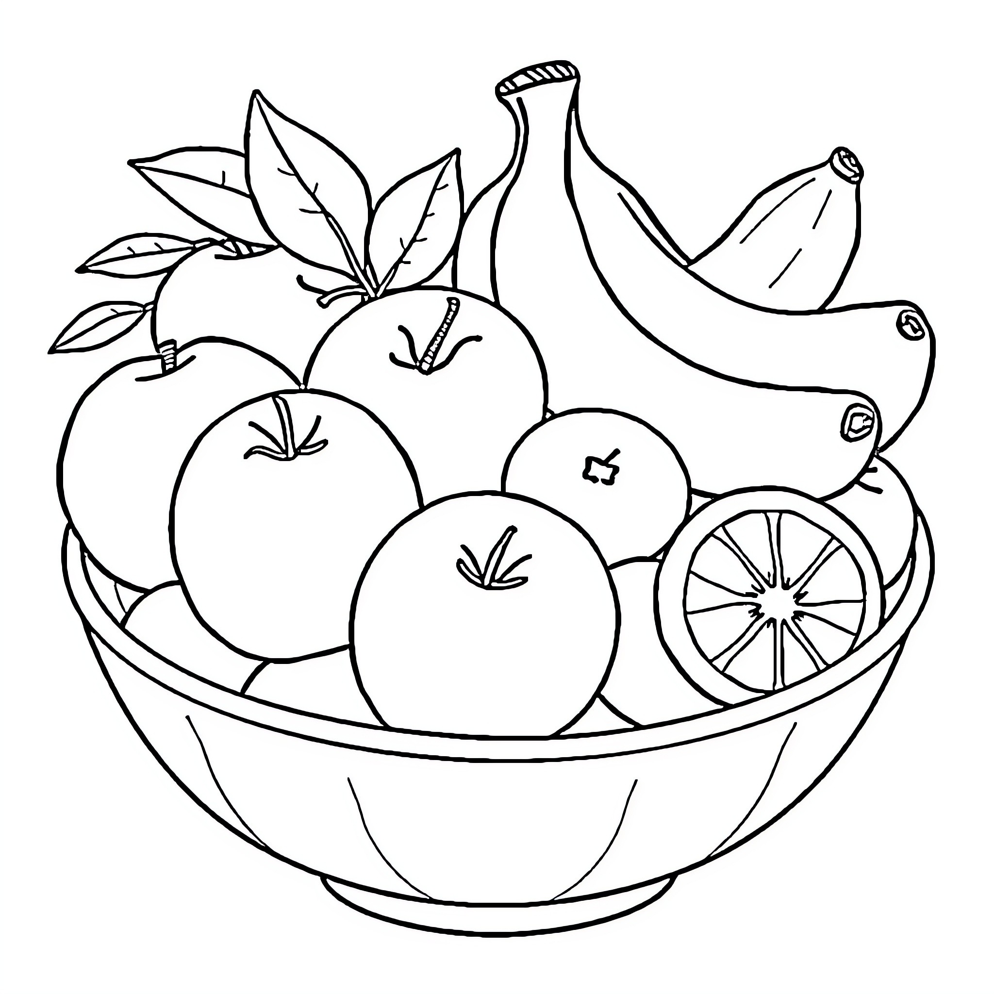 Fruit Bowl of Various Shapes and Sizes Coloring Page (free black-and-white line drawing printable PDF for all, from beginners to advanced learners, including children, teens, adults, and seniors)