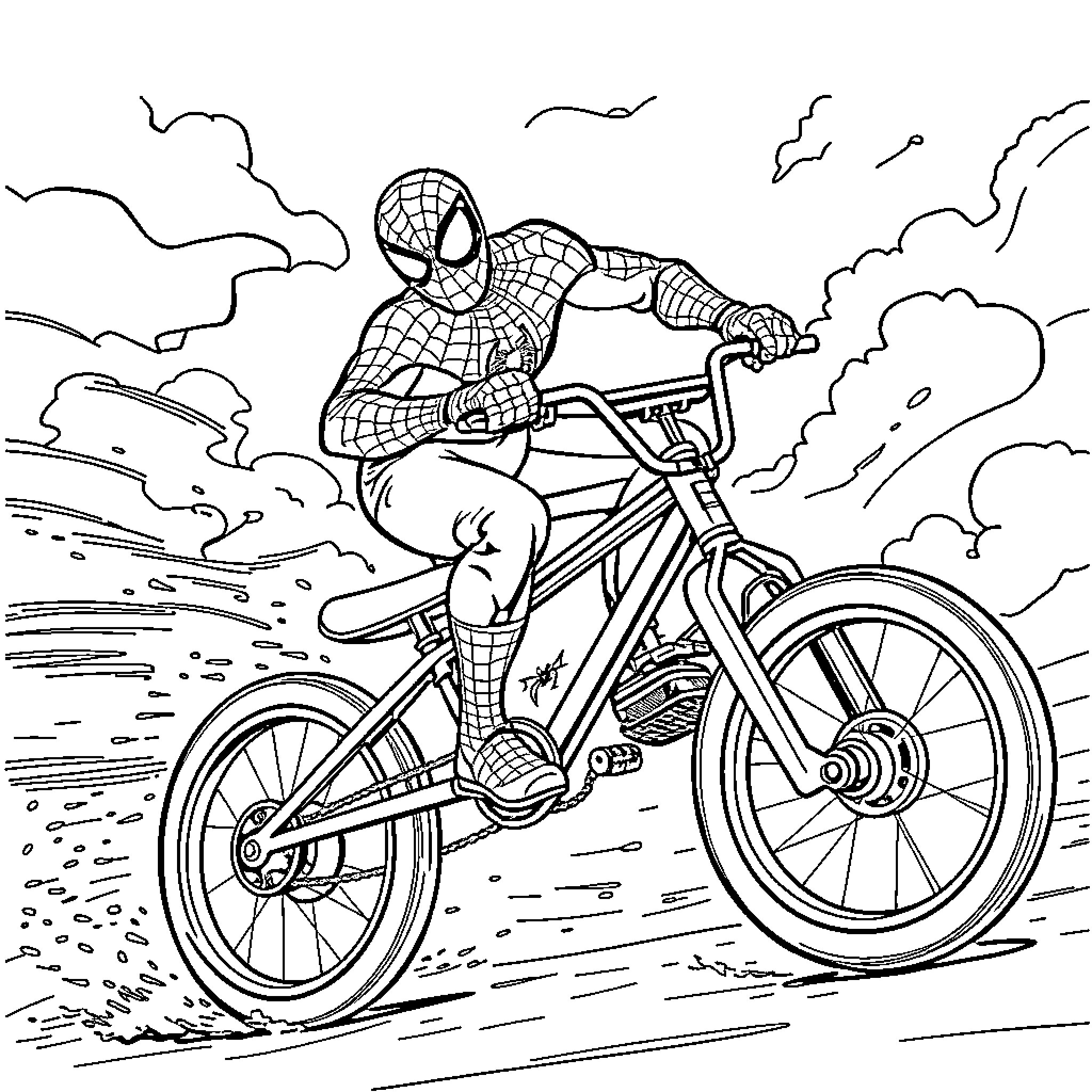Spiderman swinging on his bike through the city Coloring Page (free black-and-white line drawing printable PDF for all, from beginners to advanced learners, including children, teens, adults, and seniors)