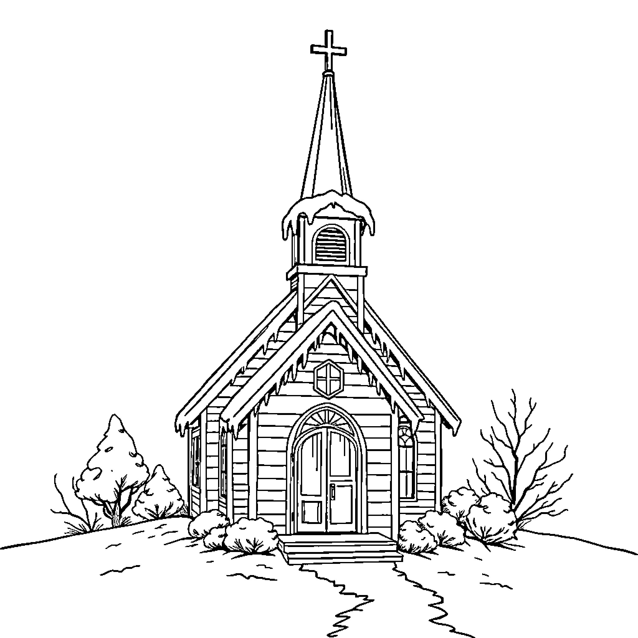 Church with Architectural Details and Landscape Coloring Page (free black-and-white line drawing printable PDF for all, from beginners to advanced learners, including children, teens, adults, and seniors)