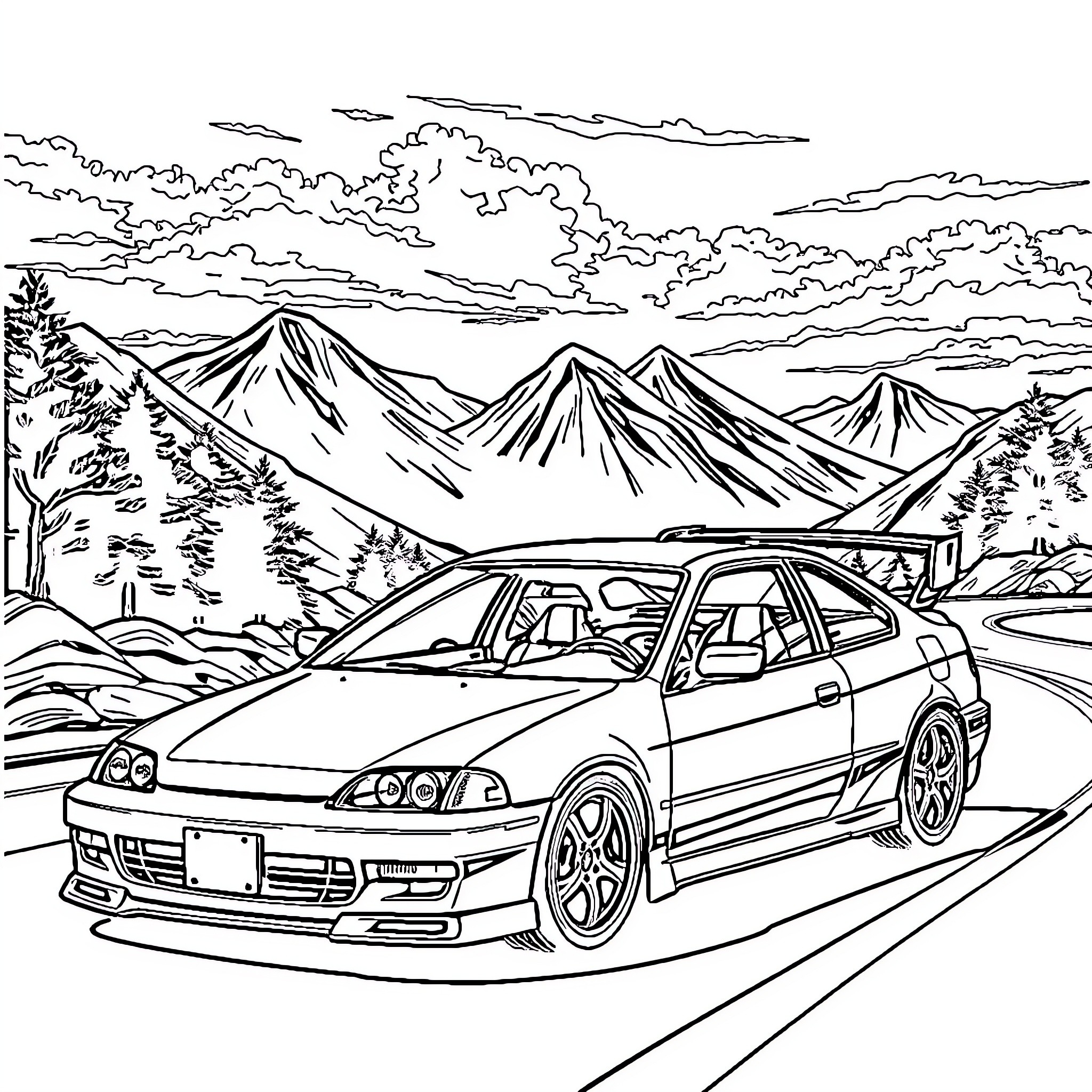 Civic Vehicle on Mountain Road Coloring Page (free black-and-white line drawing printable PDF for all, from beginners to advanced learners, including children, teens, adults, and seniors)