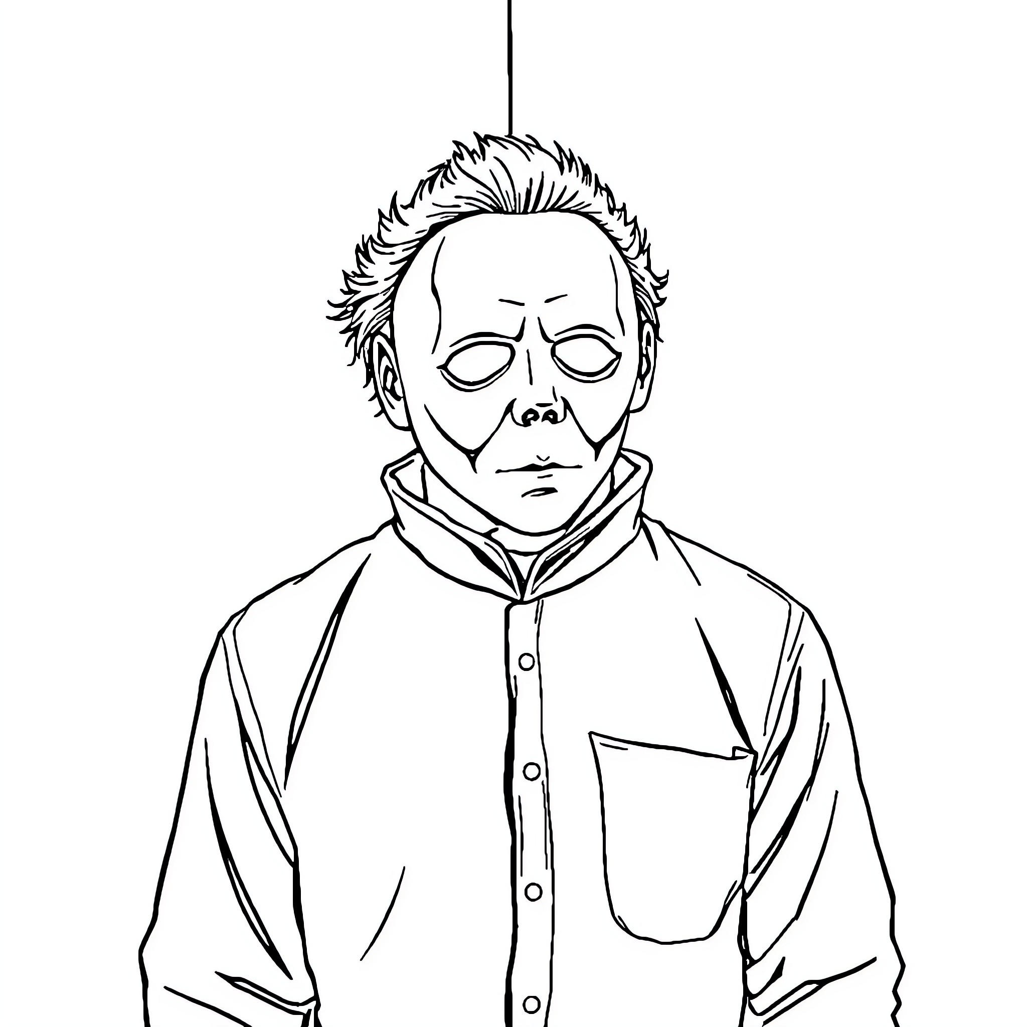 Michael Myers wearing menacing outfit Coloring Page (free black-and-white line drawing printable PDF for all, from beginners to advanced learners, including children, teens, adults, and seniors)