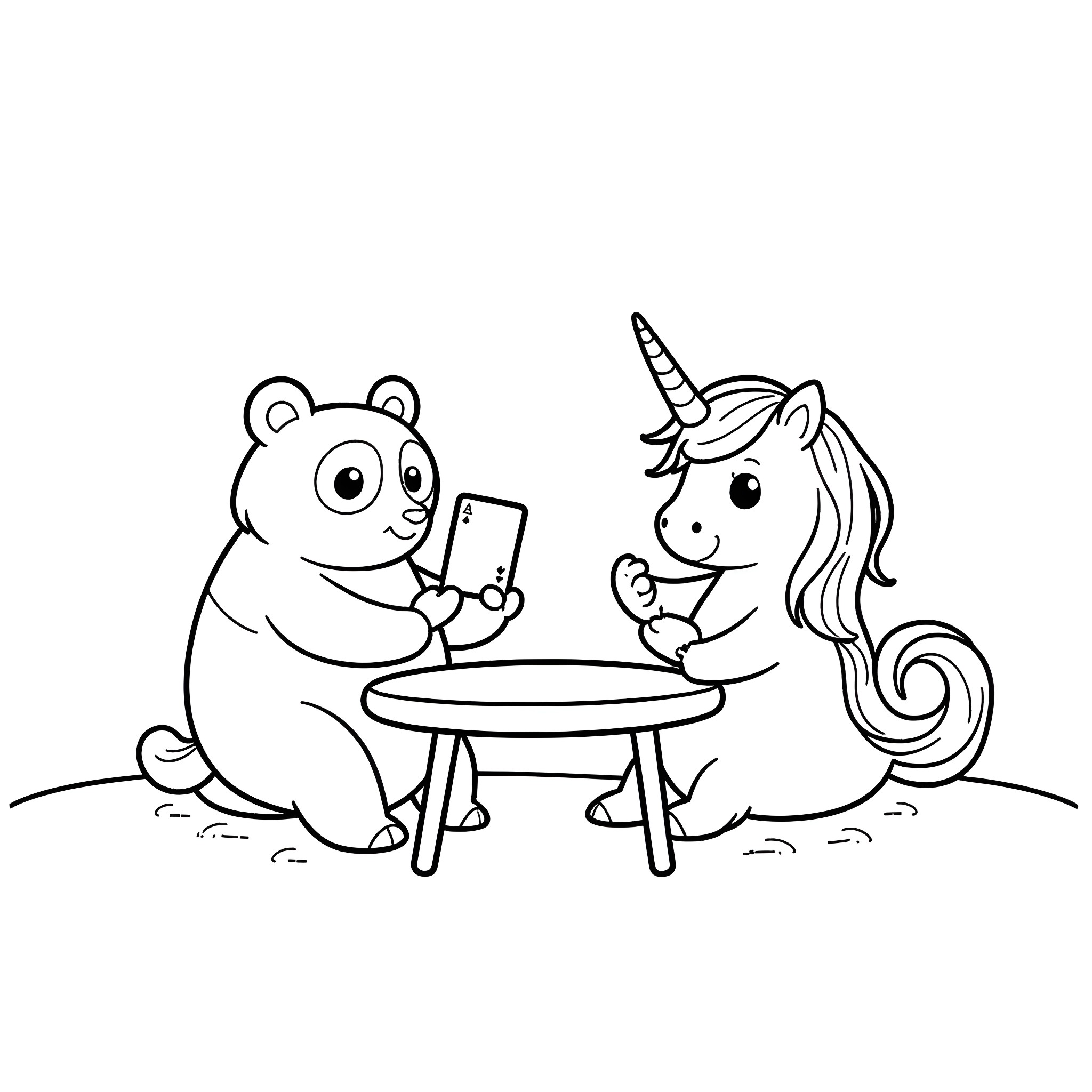 Panda and Unicorn Enjoying a Picnic Coloring Page (free black-and-white line drawing printable PDF for all, from beginners to advanced learners, including children, teens, adults, and seniors)