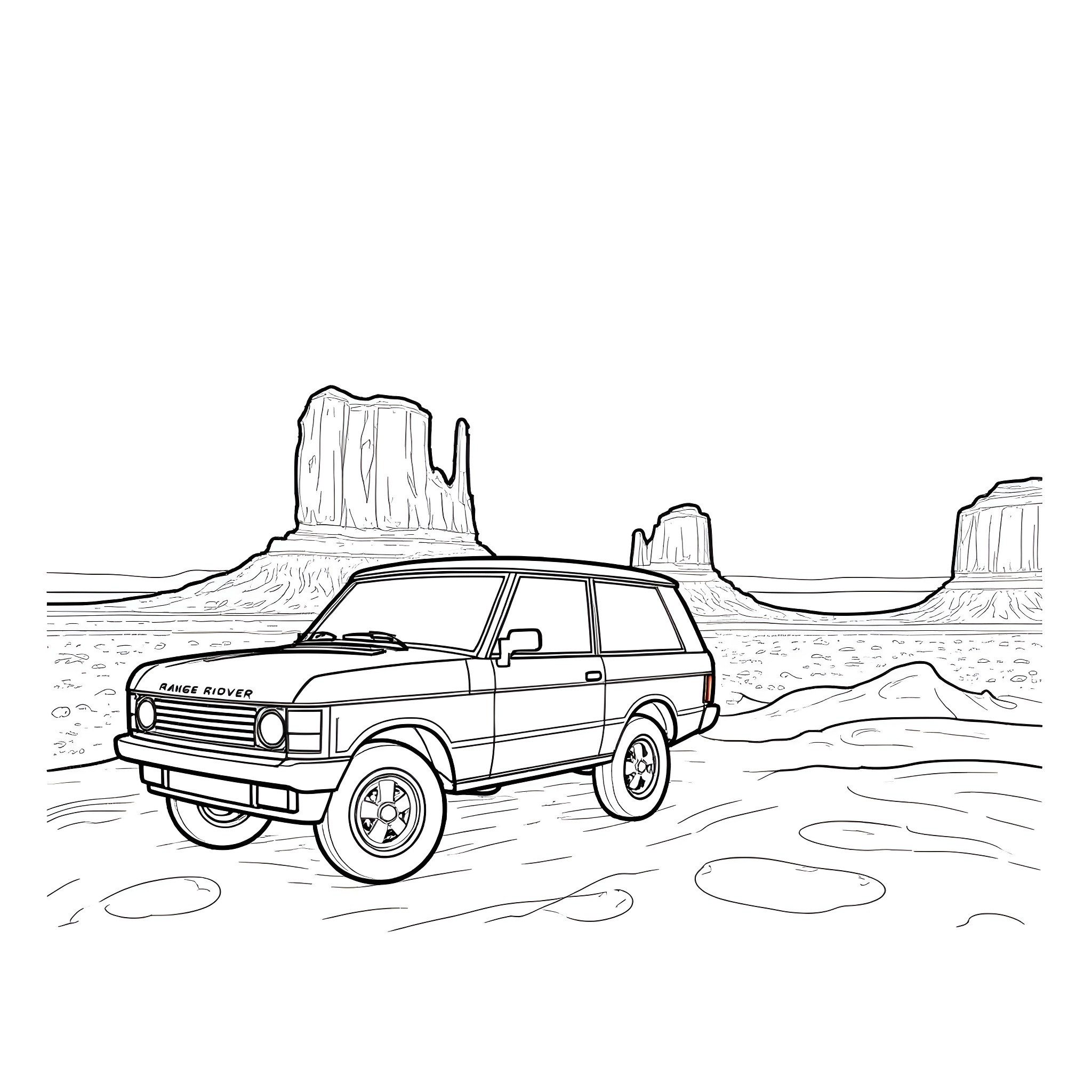Range Rover driving through the desert landscape Coloring Page (free black-and-white line drawing printable PDF for all, from beginners to advanced learners, including children, teens, adults, and seniors)
