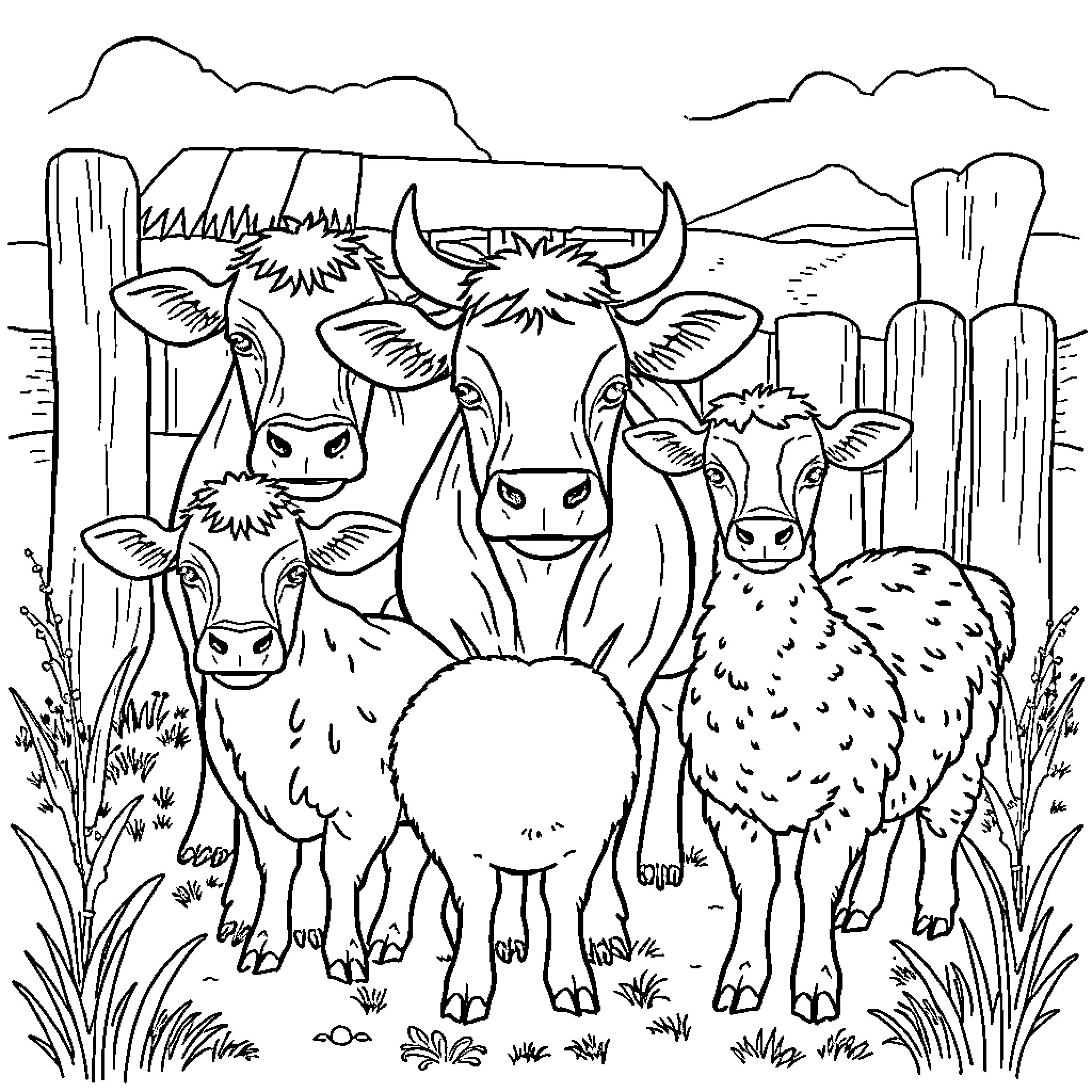 Farm Animal Family Portrait in the Countryside Coloring Page (free black-and-white line drawing printable PDF for all, from beginners to advanced learners, including children, teens, adults, and seniors)